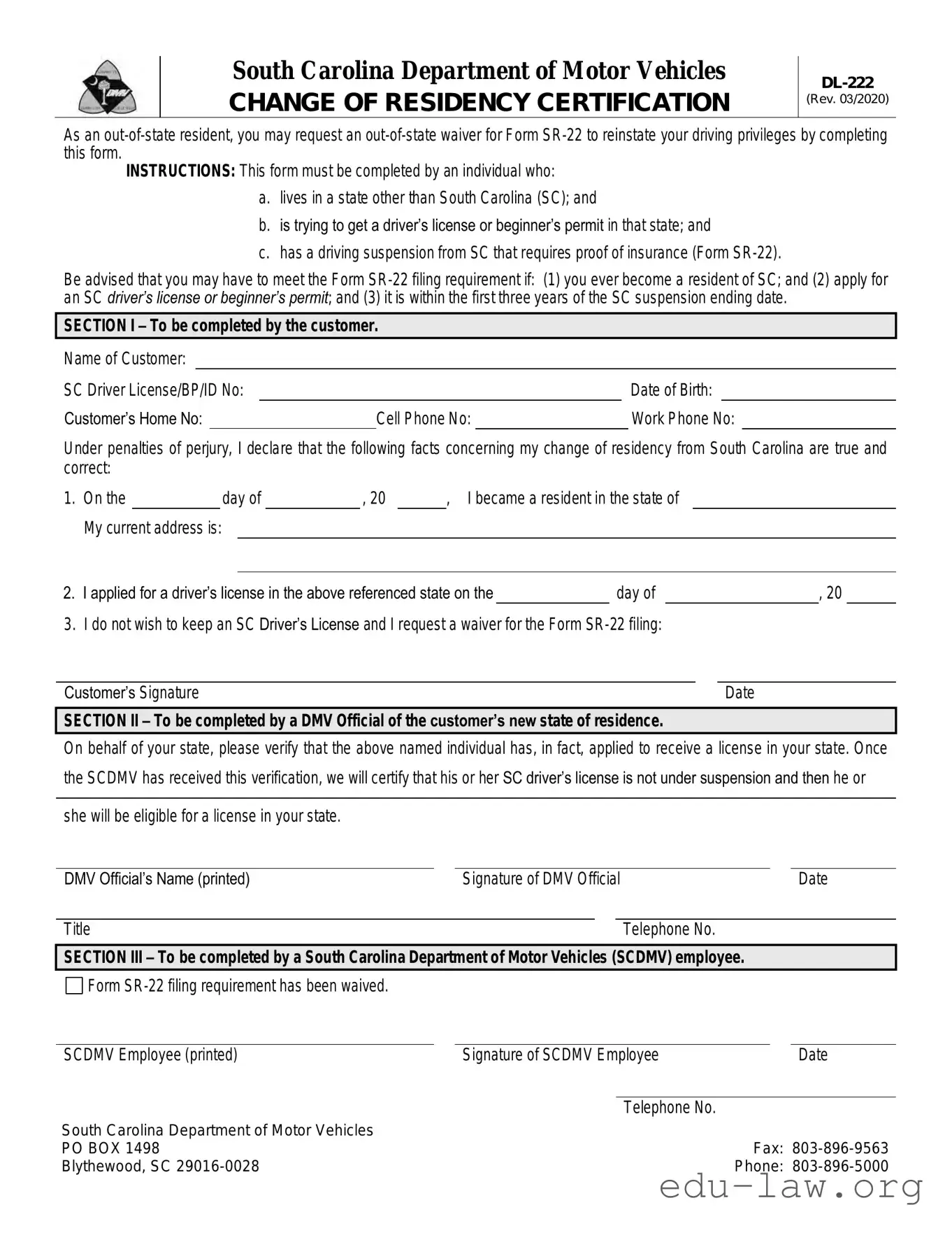 Fill in Your Sc Dl 222 Template