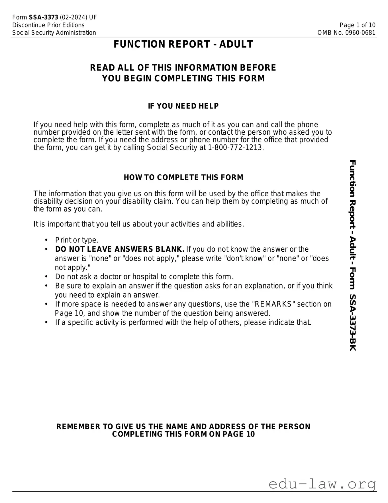 Fill in Your SSA SSA-3373-BK Template