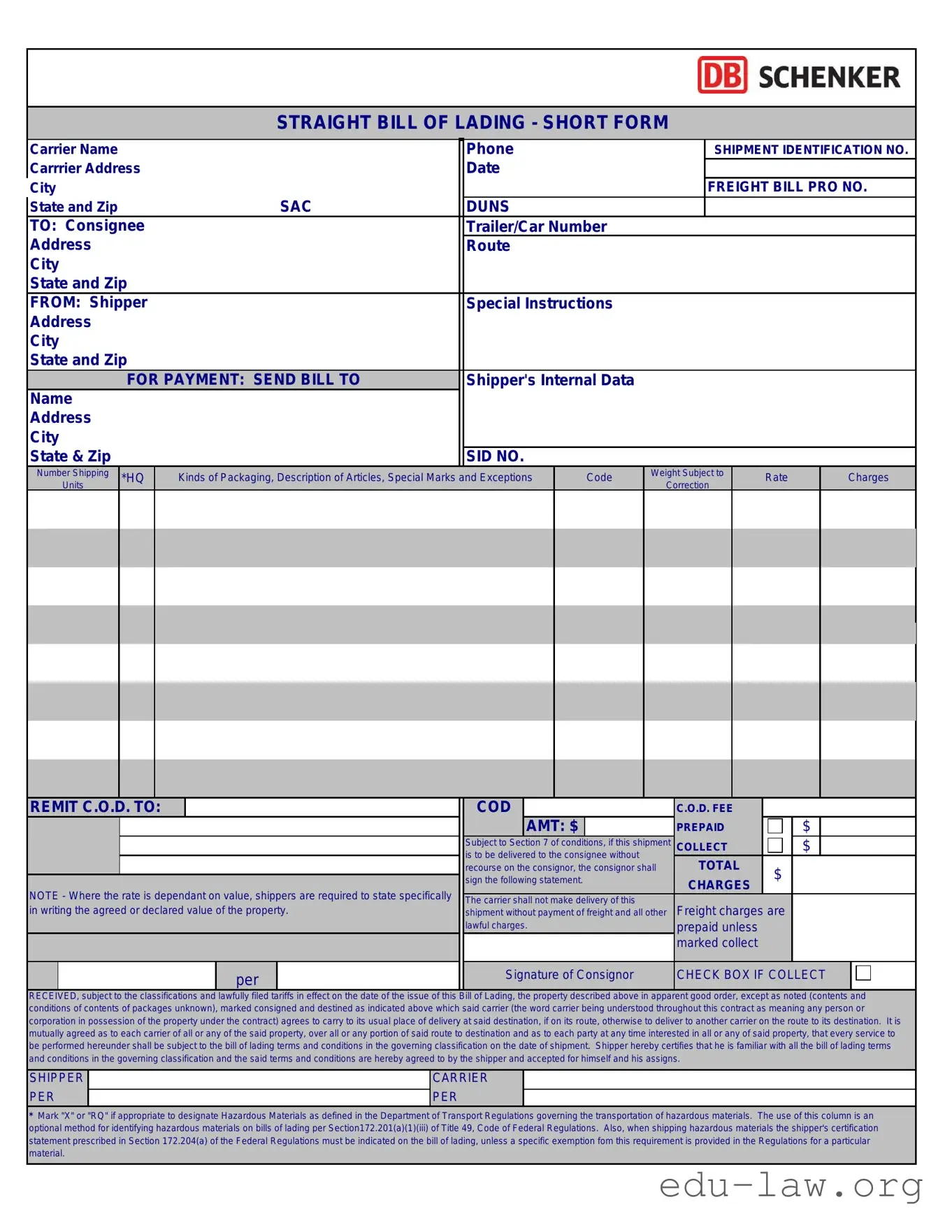 Fill in Your Straight Bill Of Lading Template