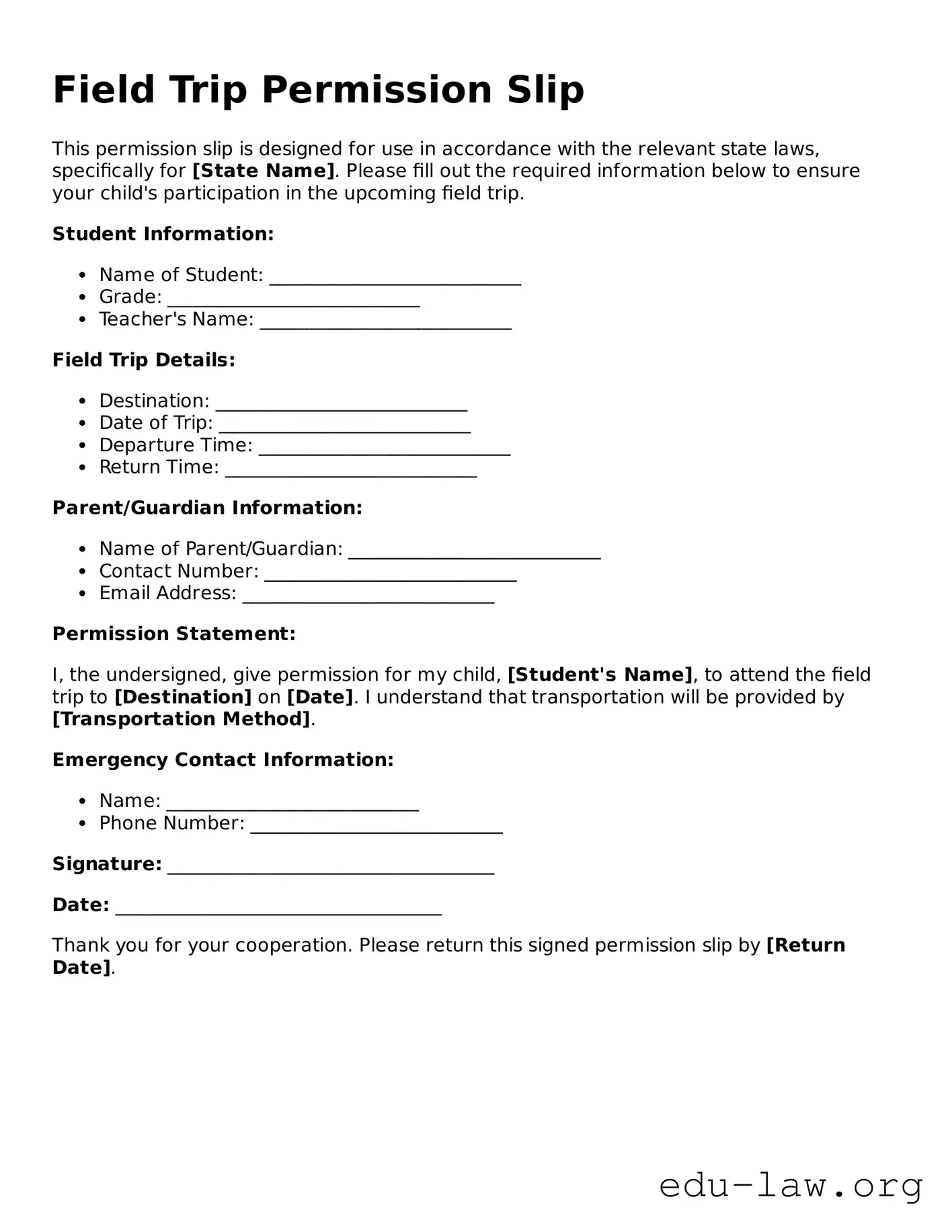 Field Trip Permission Slip Template