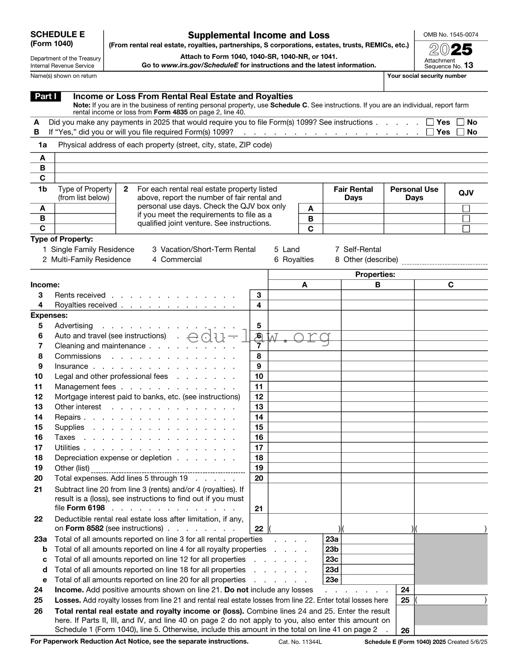 Fill in Your IRS Schedule E 1040 Template