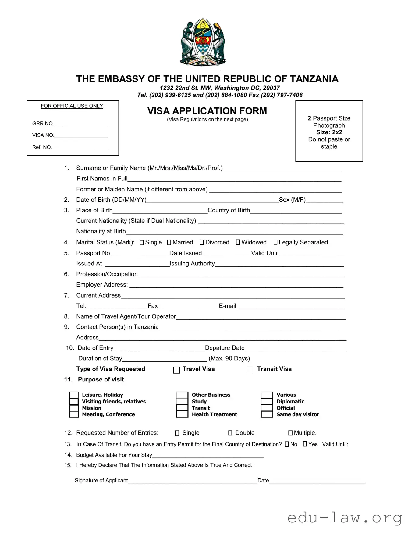 Fill in Your Tanzania Visa Applicaiton Template