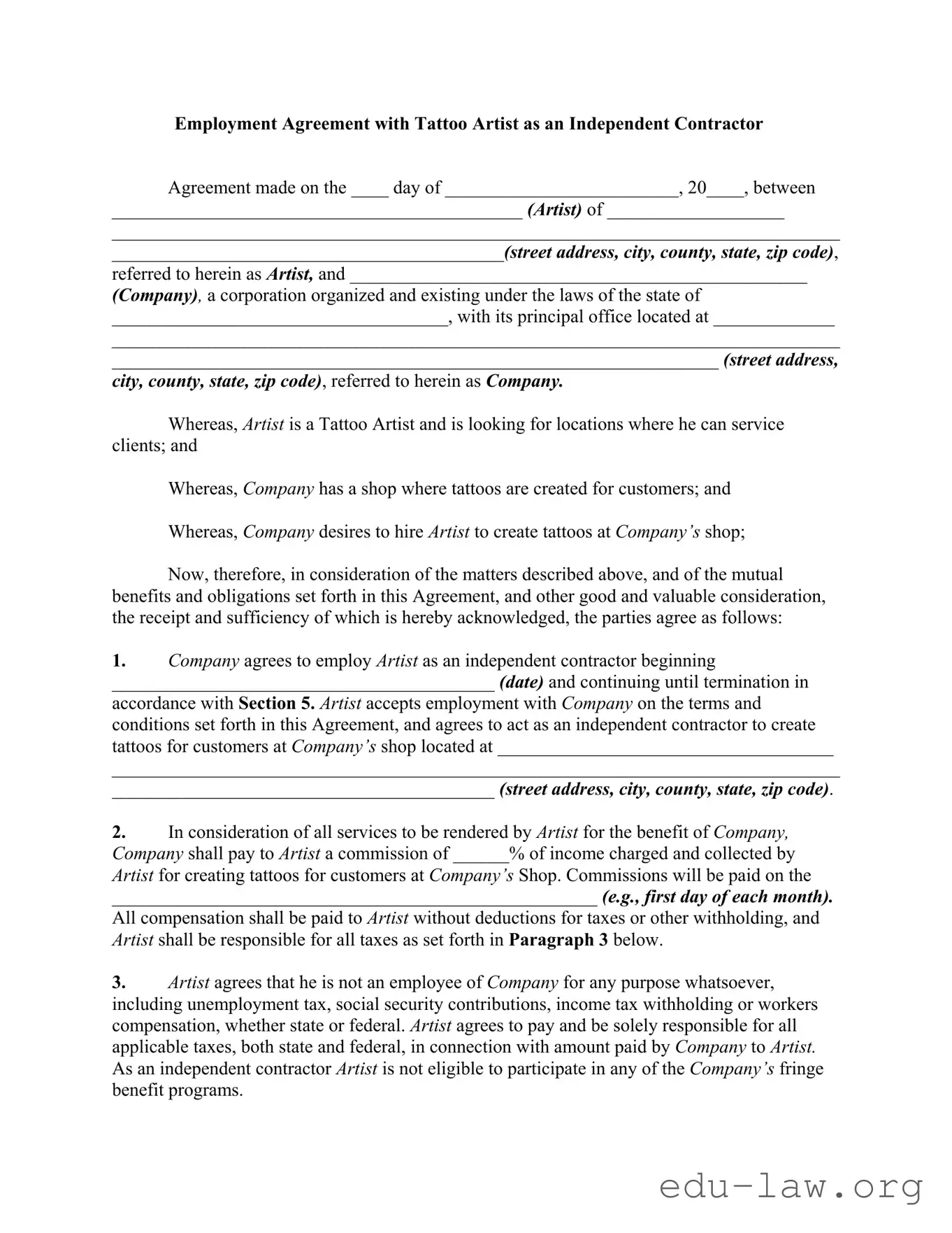 Fill in Your Tattoo Shop Artist Agreement Template