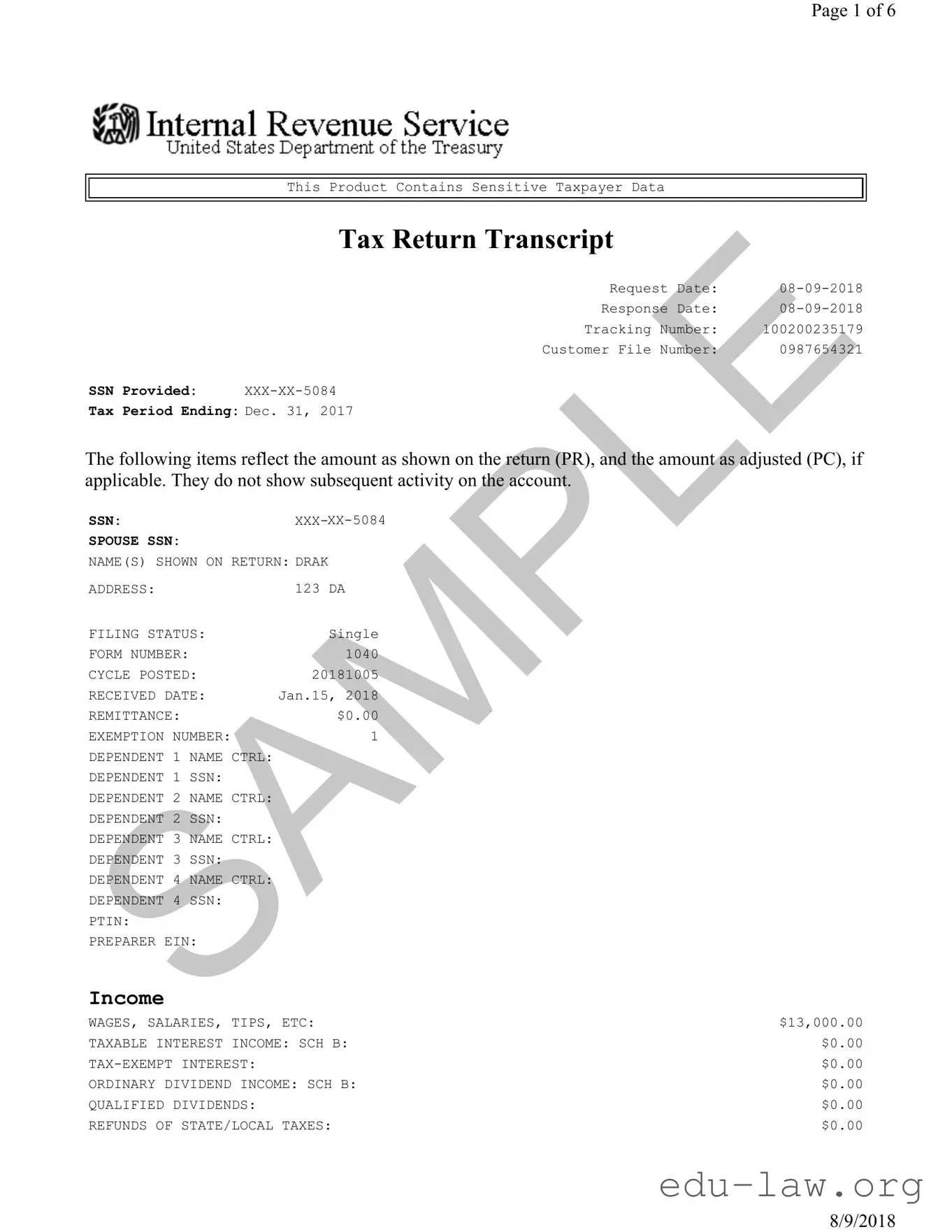 Fill in Your Sample Tax Return Transcript Template