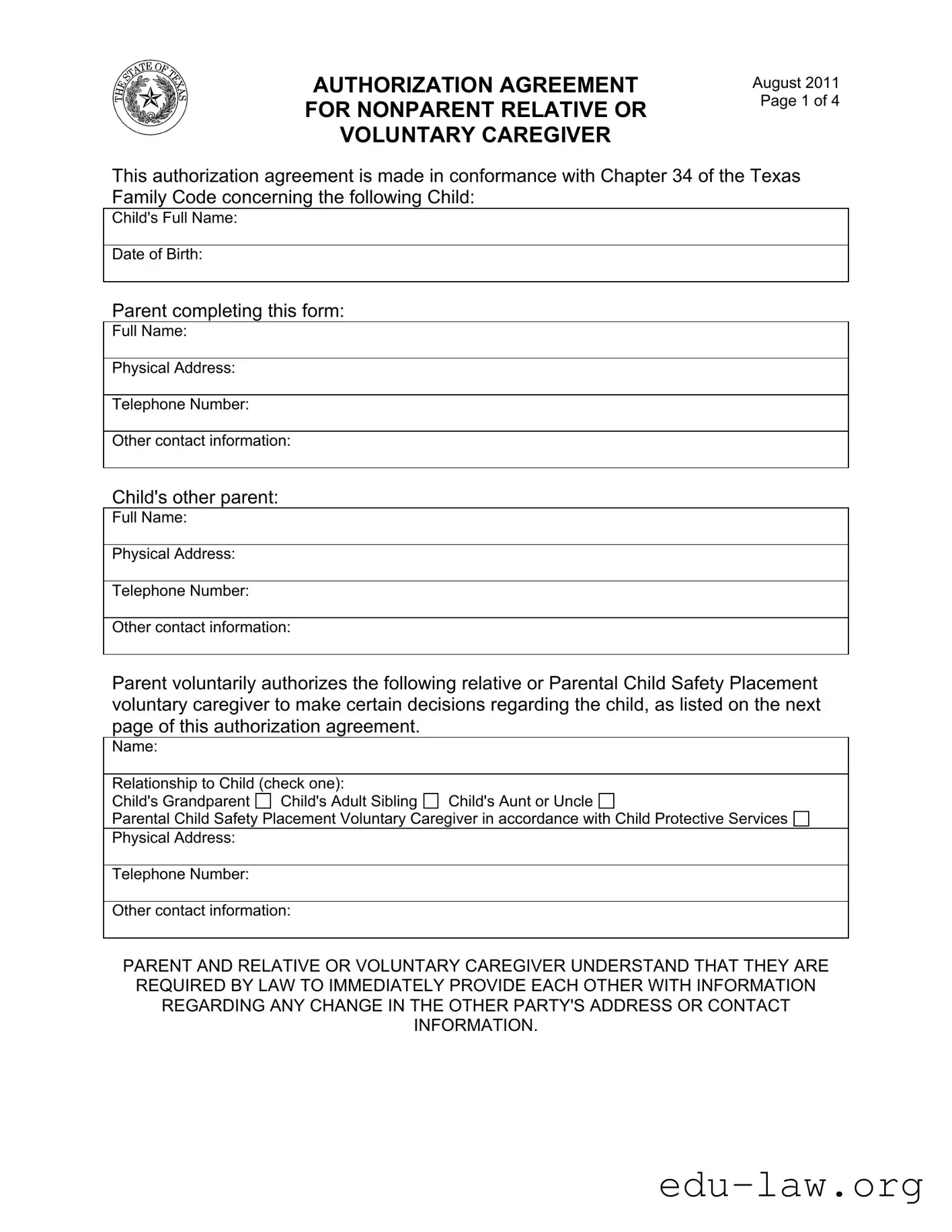 Fill in Your Agreement Nonparent Relative Caregiver Template