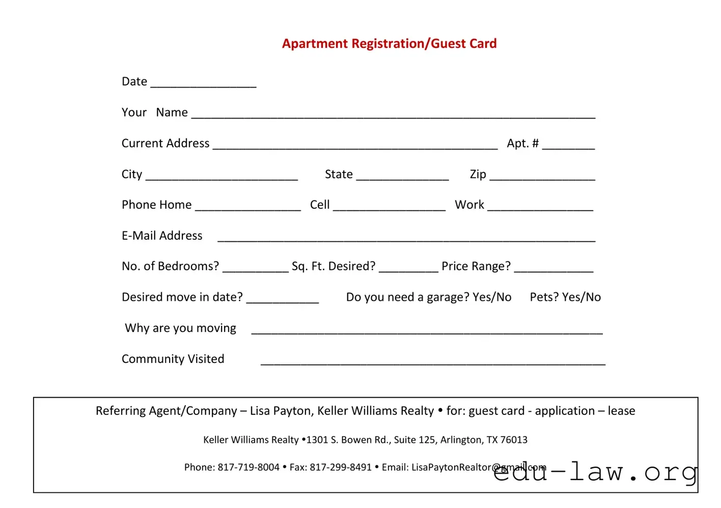 Fill in Your Apartment Card Template