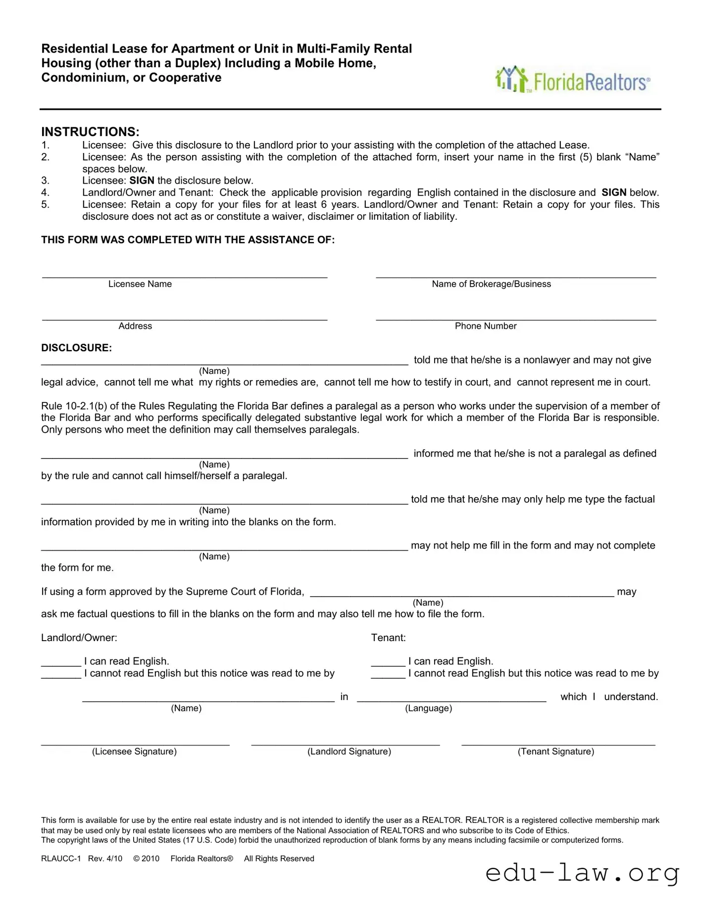 Fill in Your Florida Realtors Residential Lease Template
