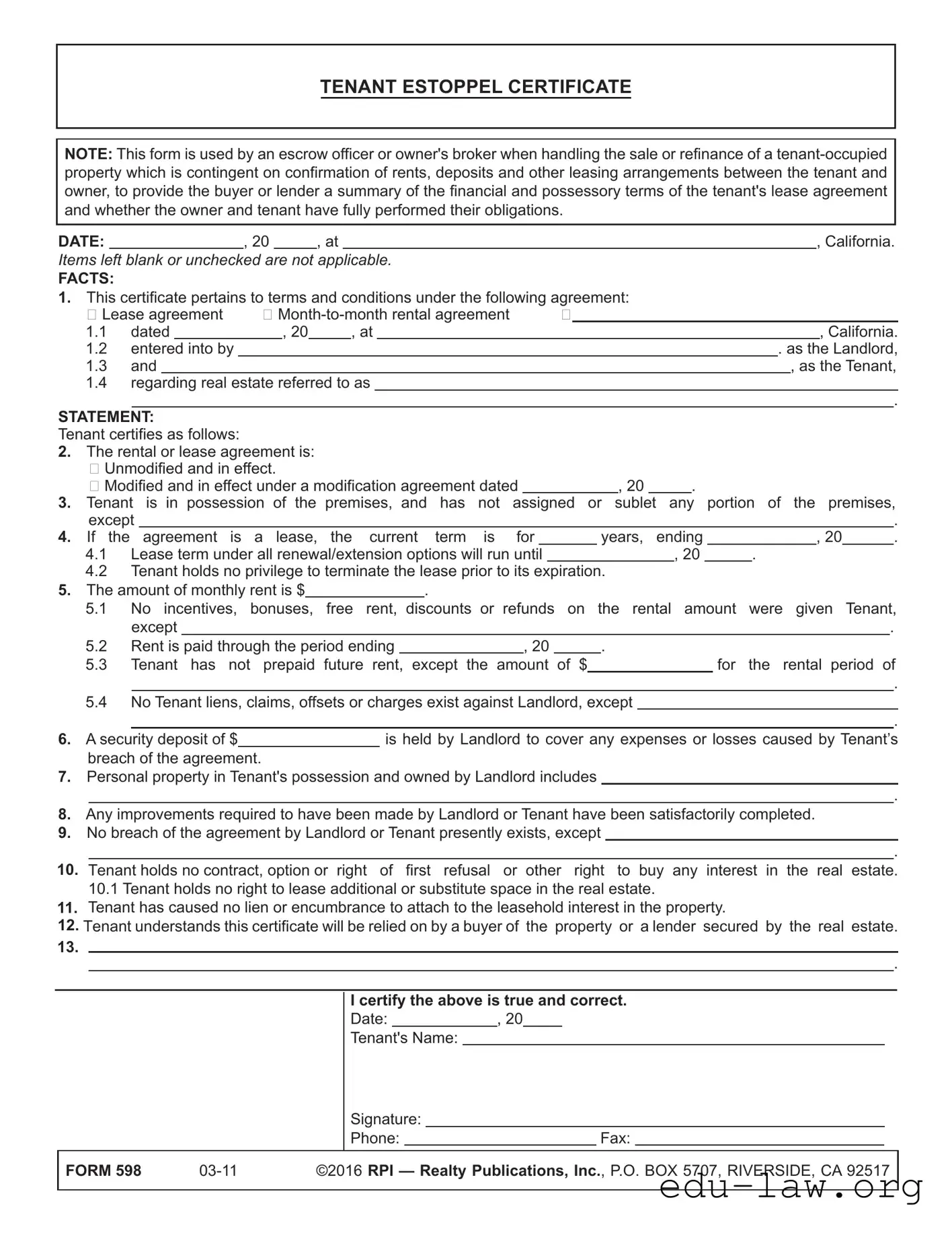 Fill in Your Estoppel Certificate Template