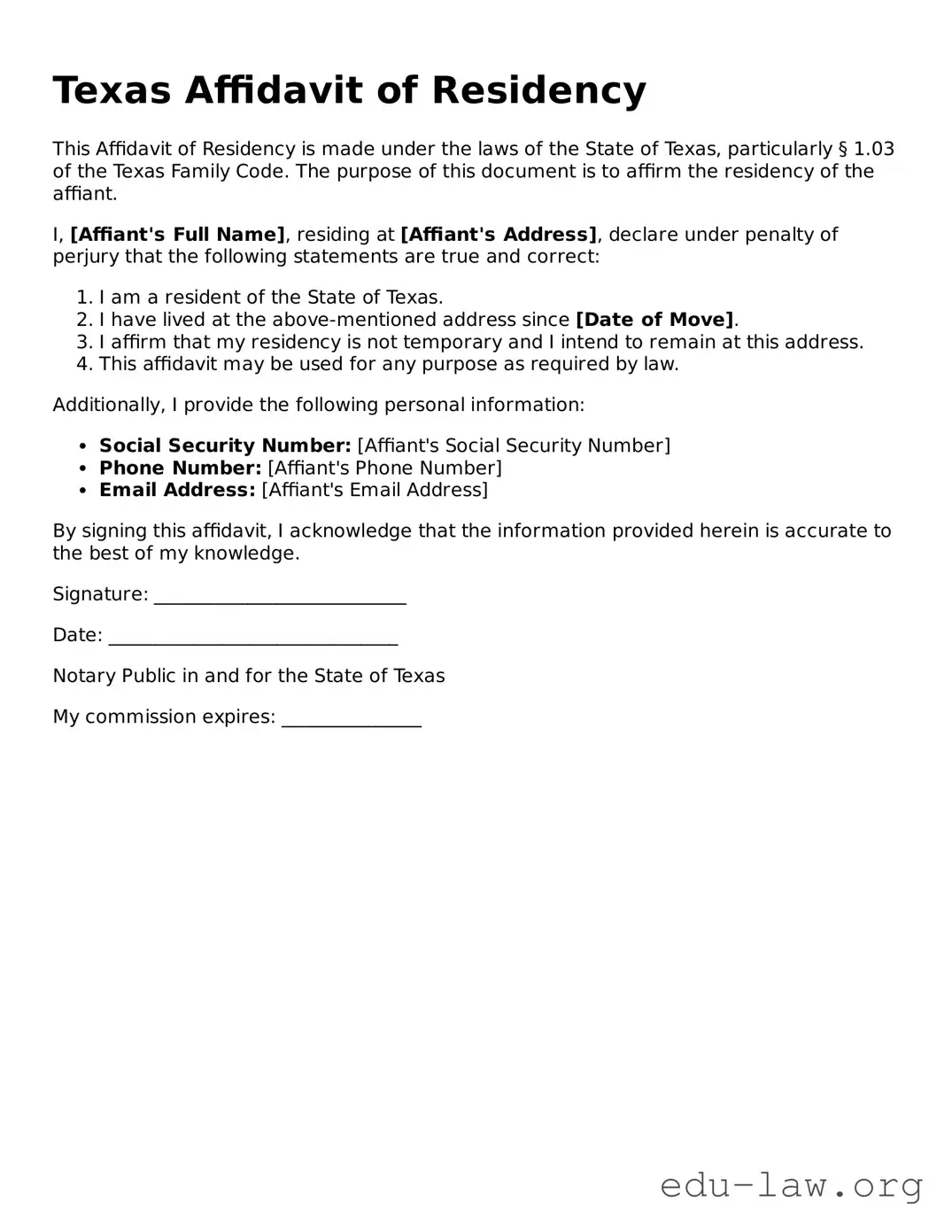 Legal  Affidavit of Residency Template for Texas