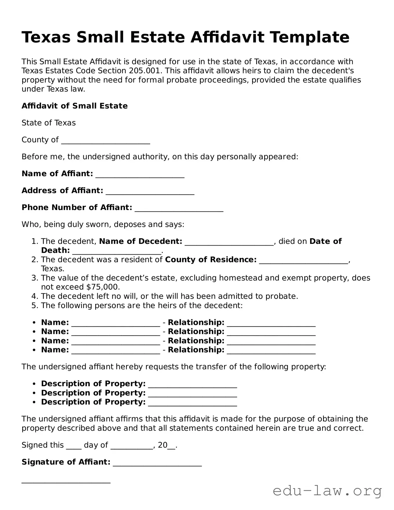 Legal  Small Estate Affidavit Template for Texas