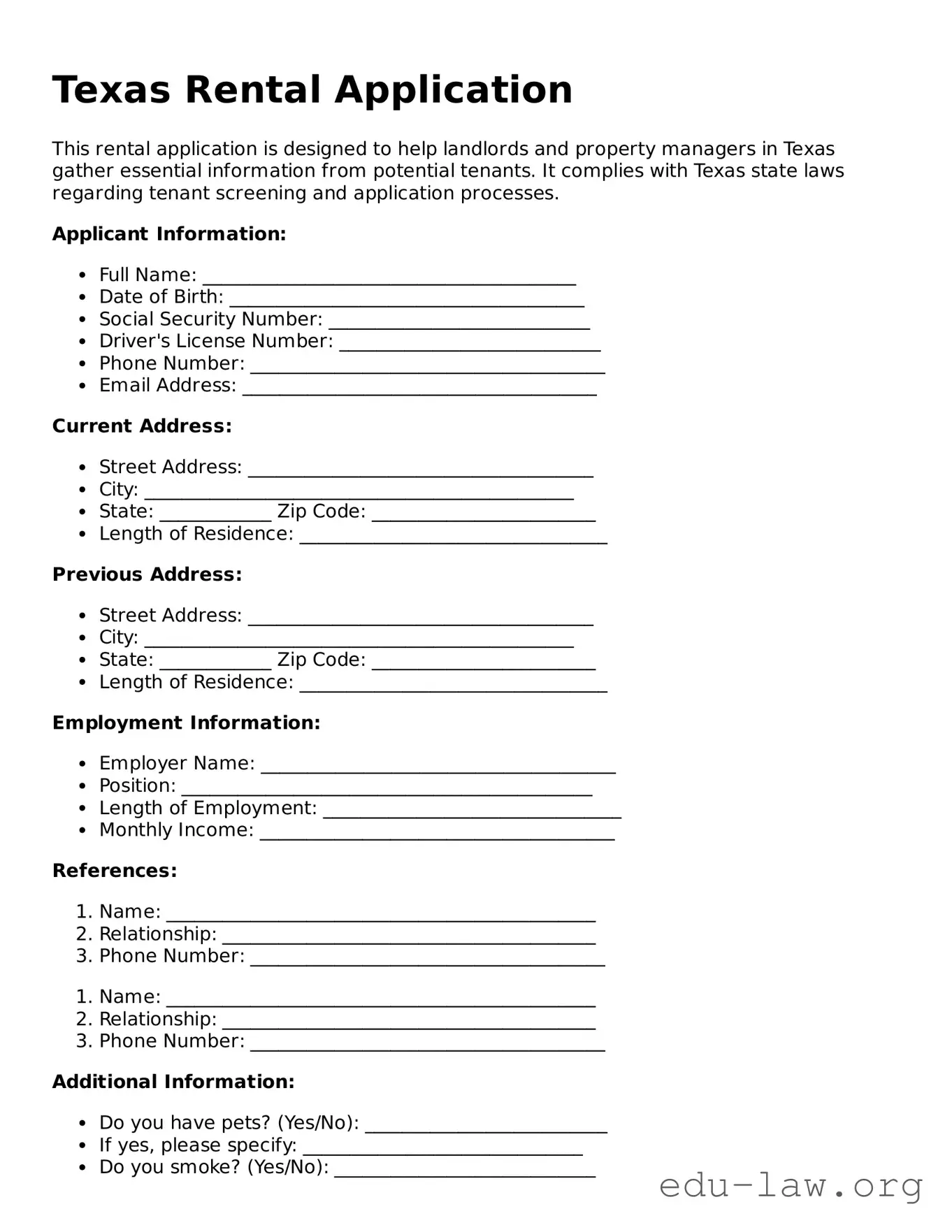 Legal  Rental Application Template for Texas