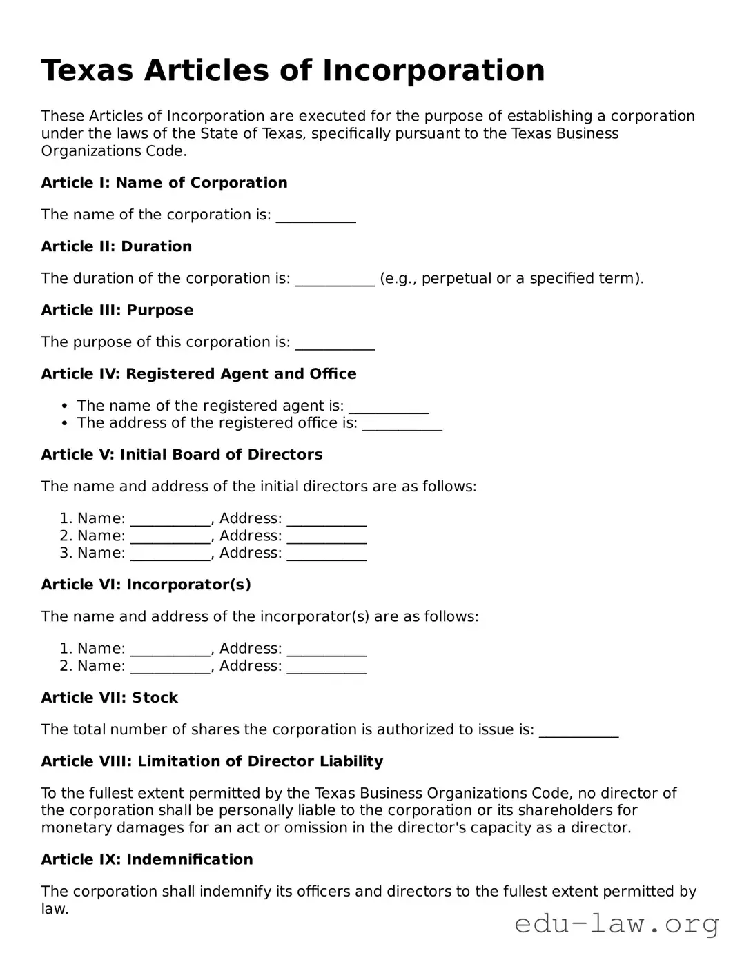 Legal  Articles of Incorporation Template for Texas