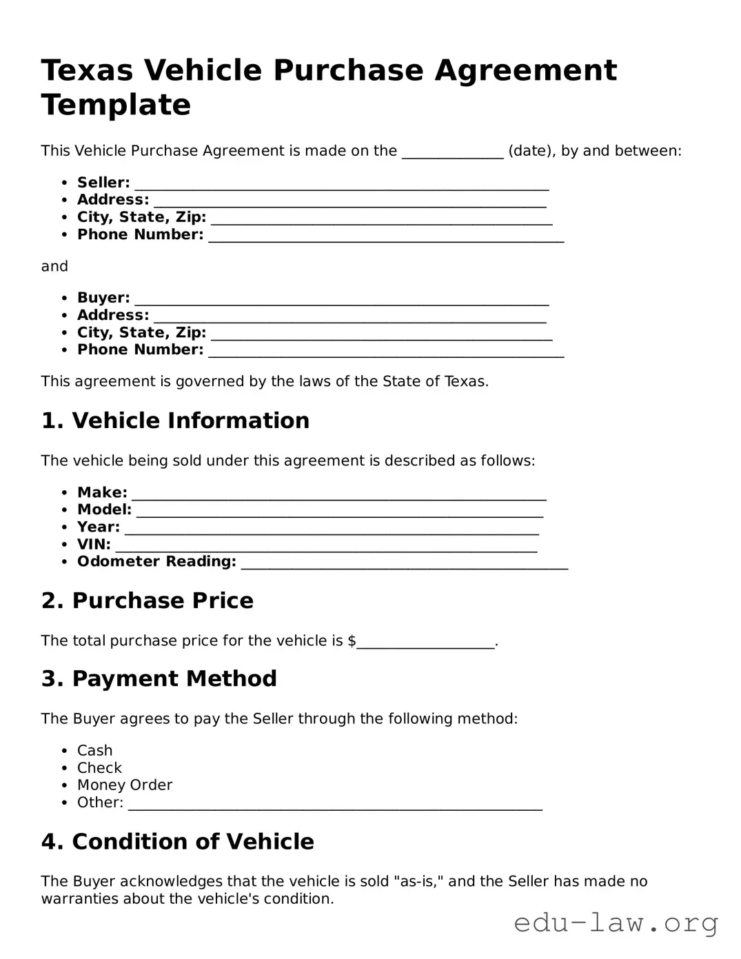 Legal  Vehicle Purchase Agreement Template for Texas