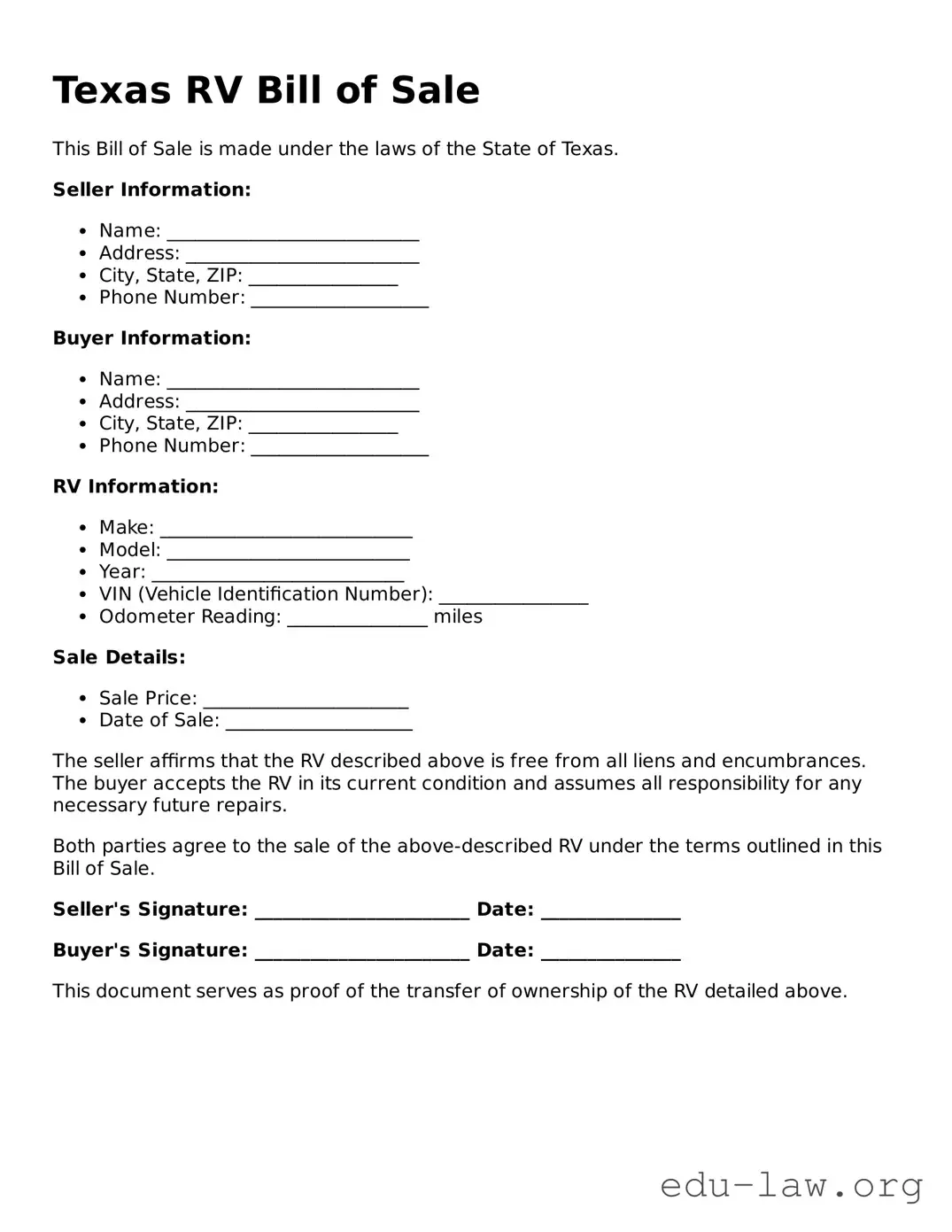 Legal  RV Bill of Sale Template for Texas
