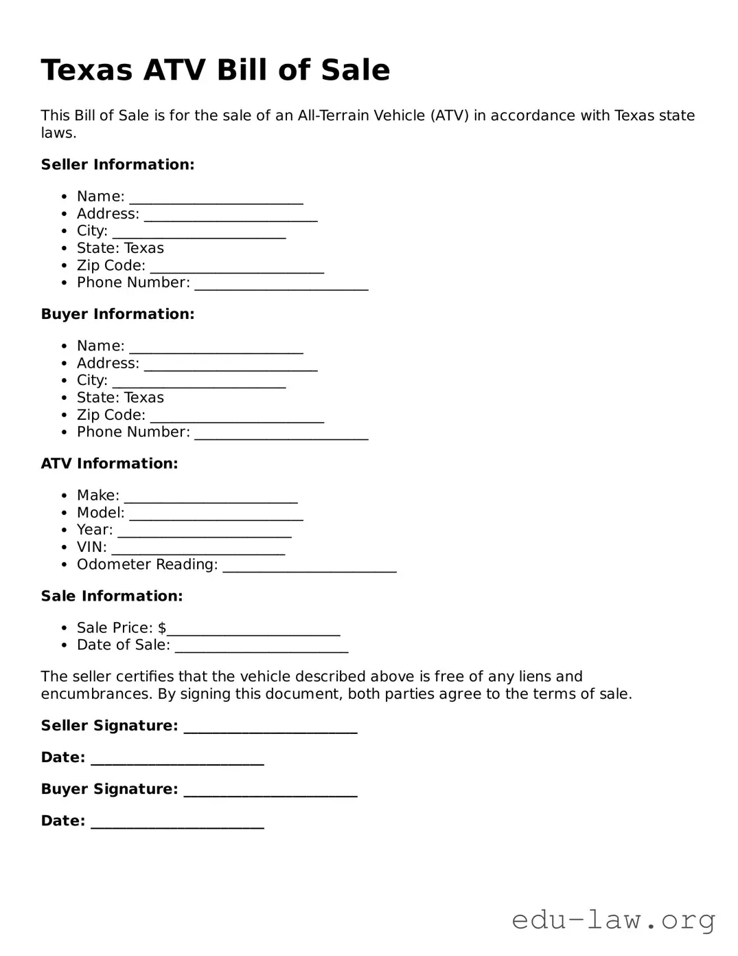 Legal  ATV Bill of Sale Template for Texas