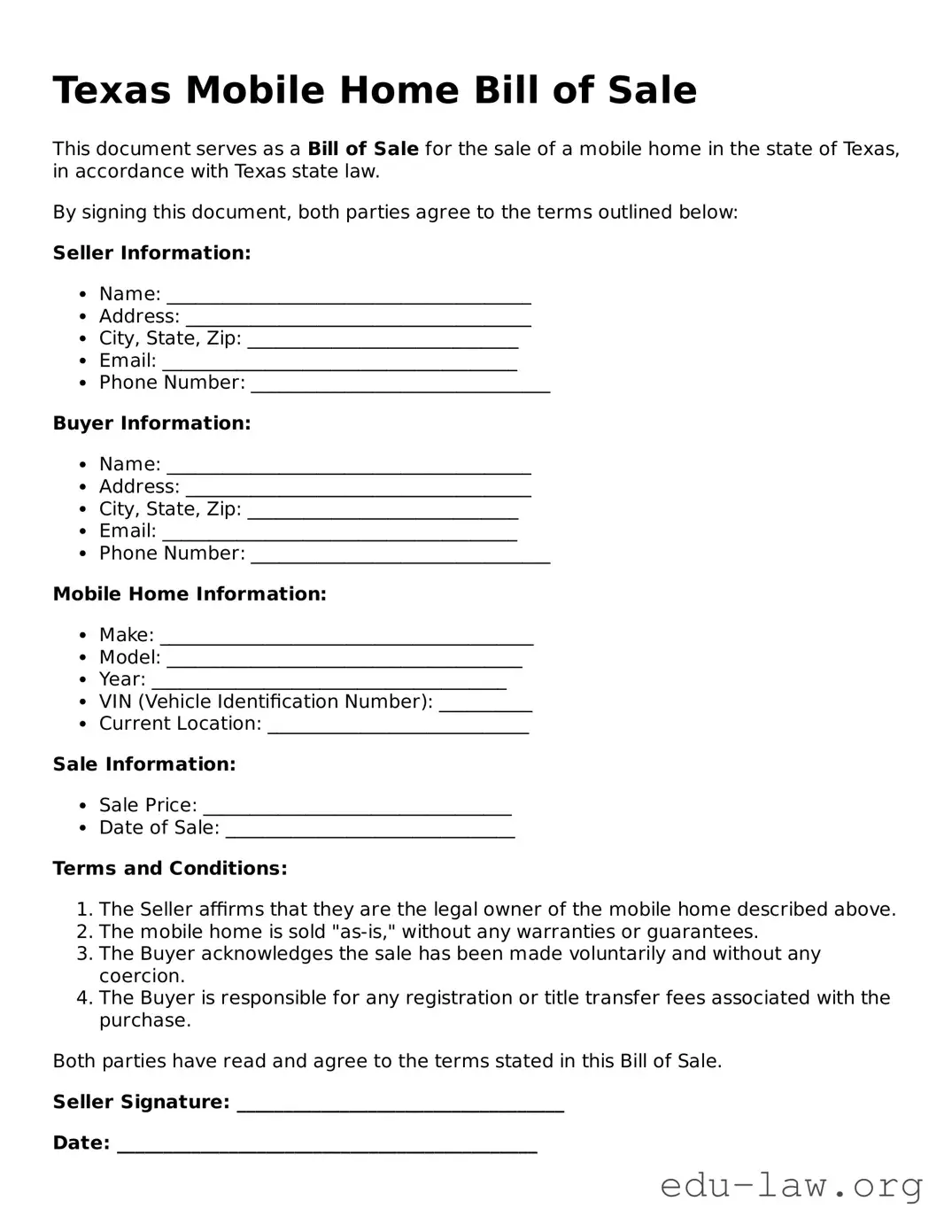 Legal  Mobile Home Bill of Sale Template for Texas