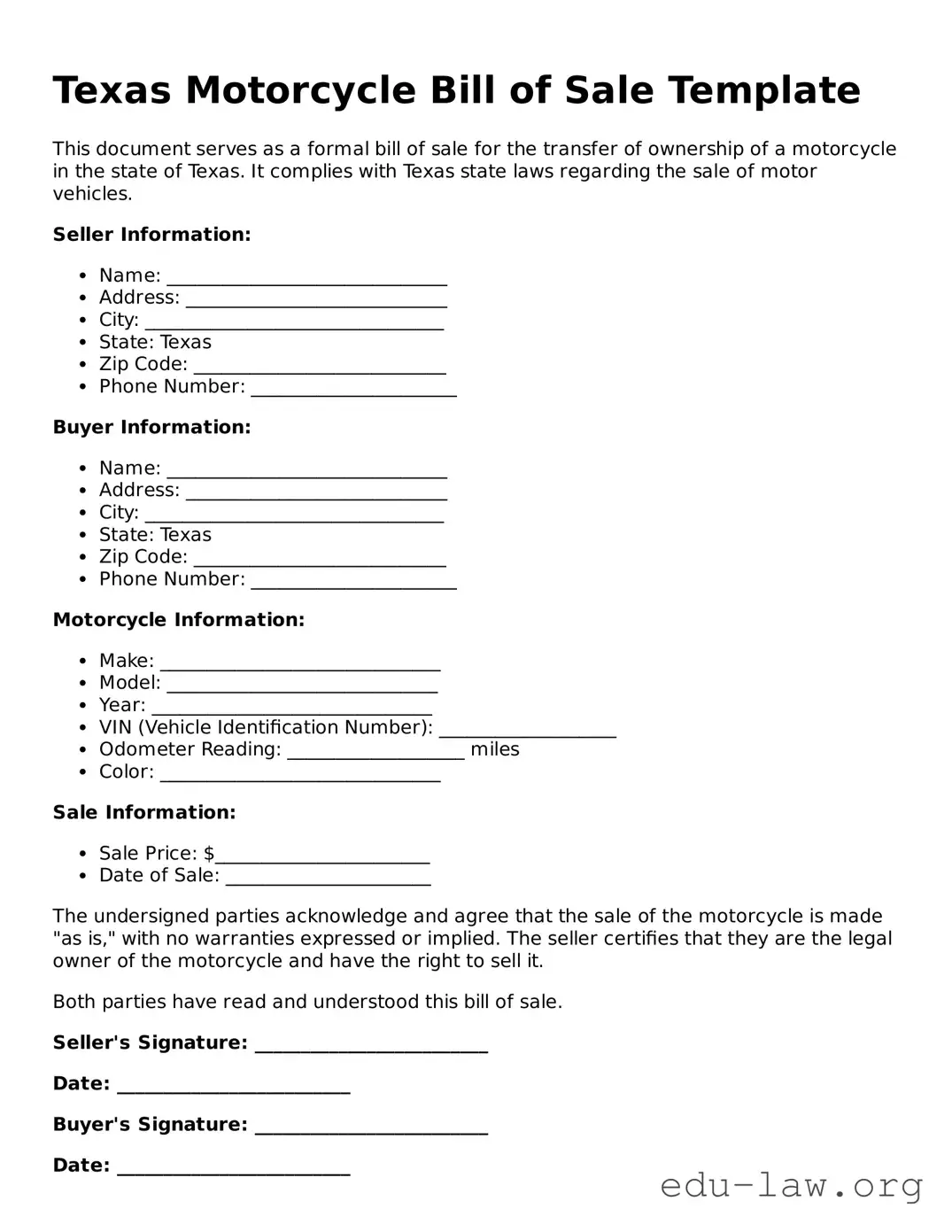 Legal  Motorcycle Bill of Sale Template for Texas