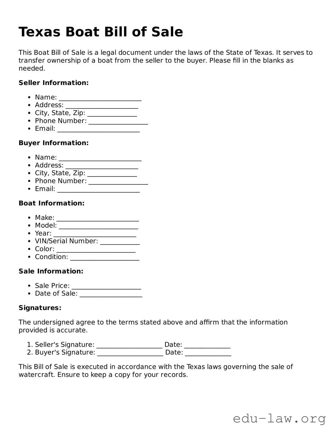 Legal  Boat Bill of Sale Template for Texas