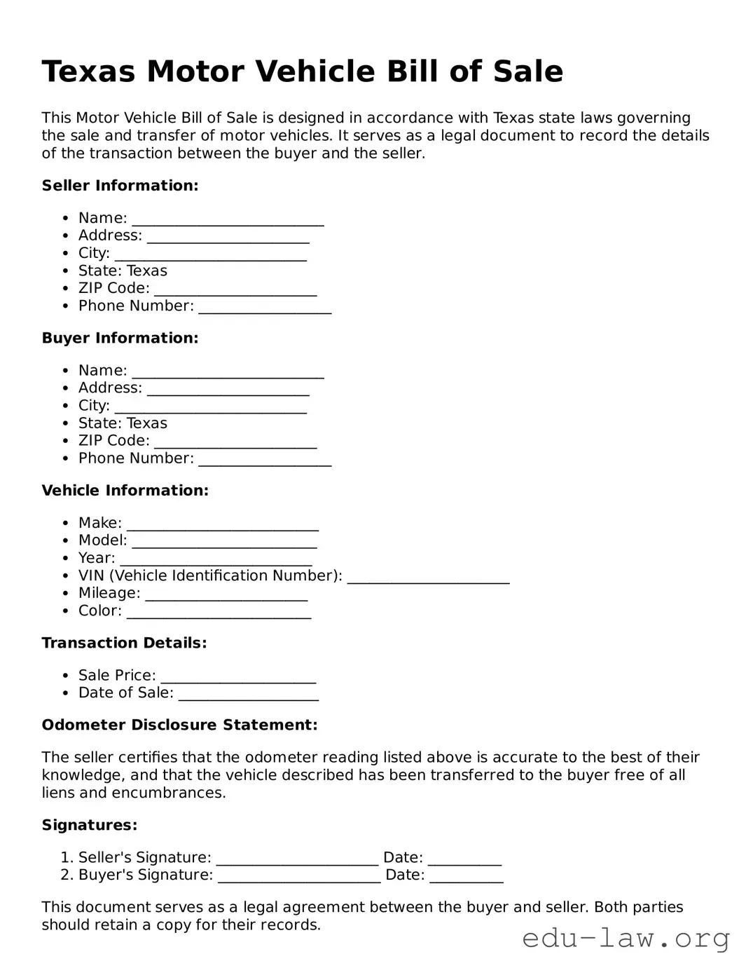 Legal  Motor Vehicle Bill of Sale Template for Texas