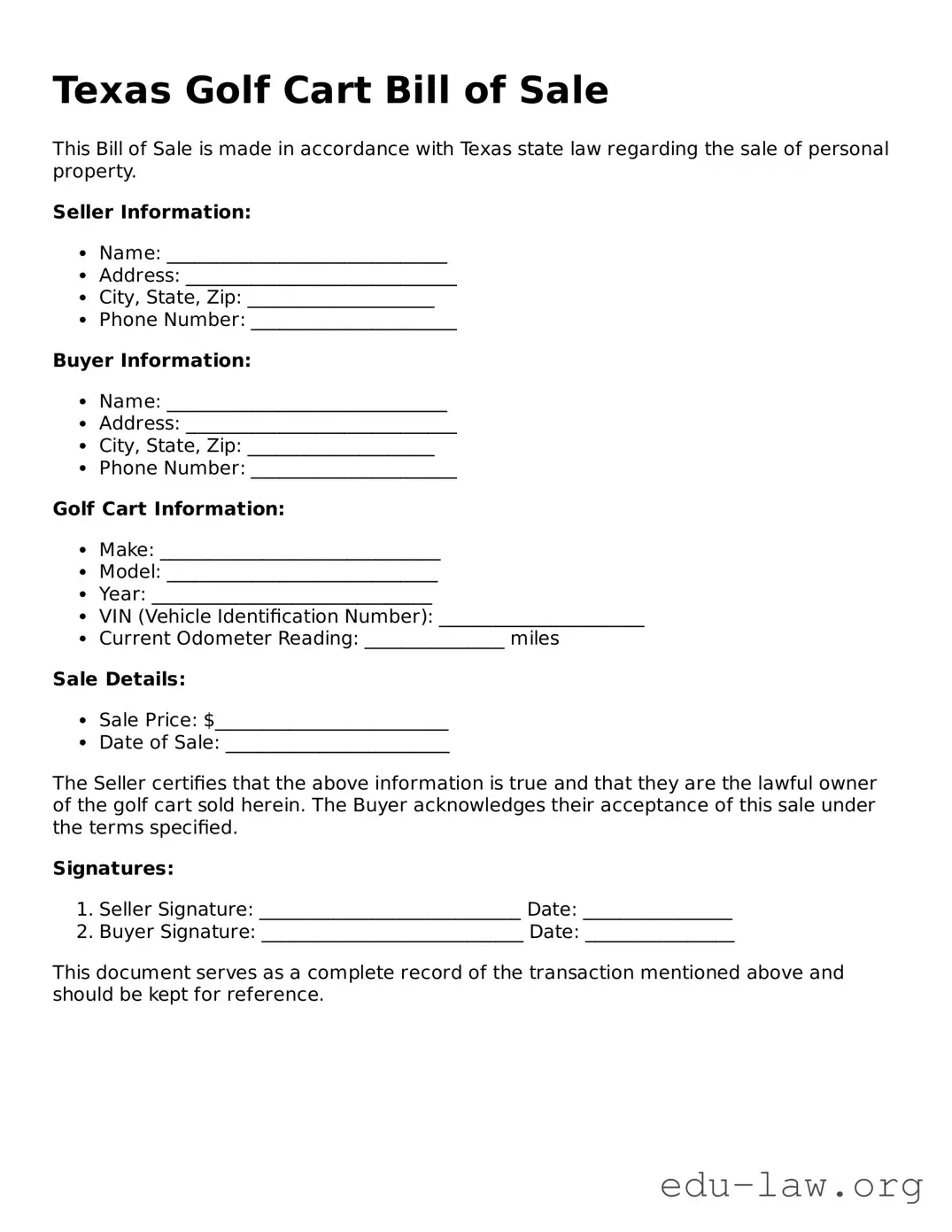 Legal  Golf Cart Bill of Sale Template for Texas