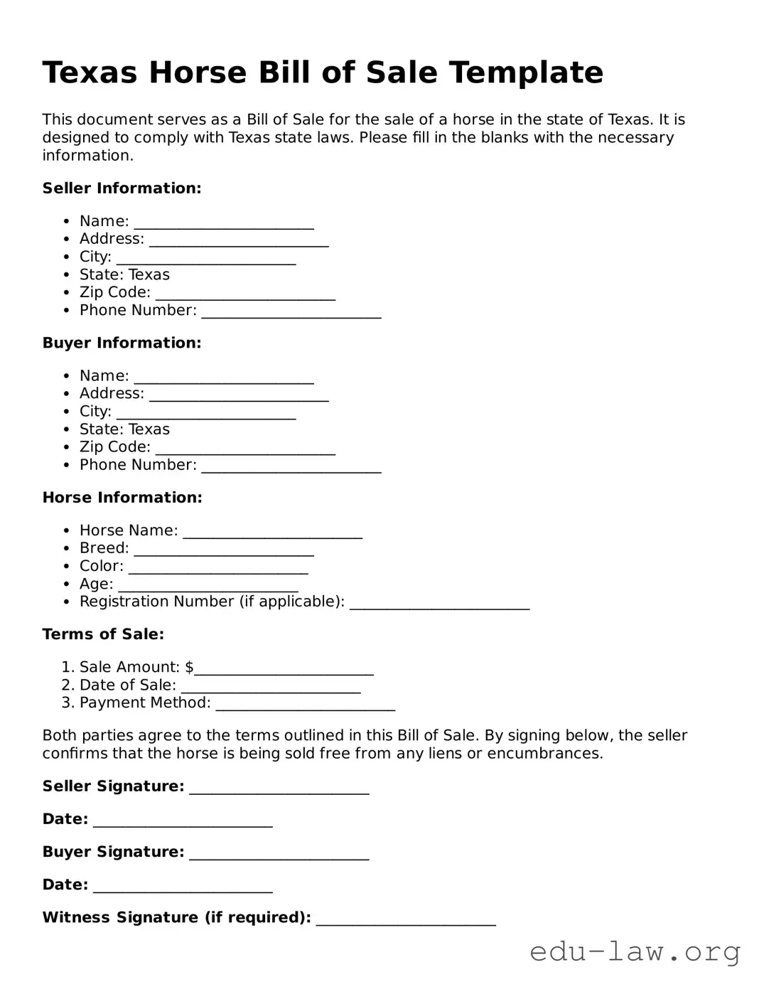 Legal  Horse Bill of Sale Template for Texas