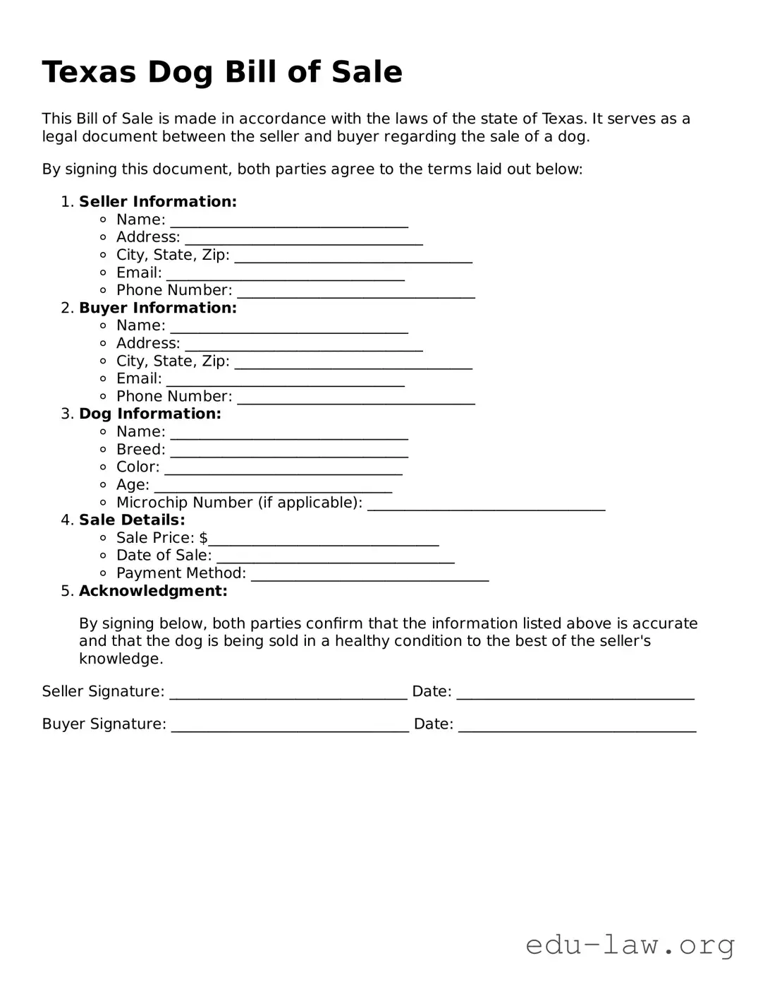 Legal  Dog Bill of Sale Template for Texas