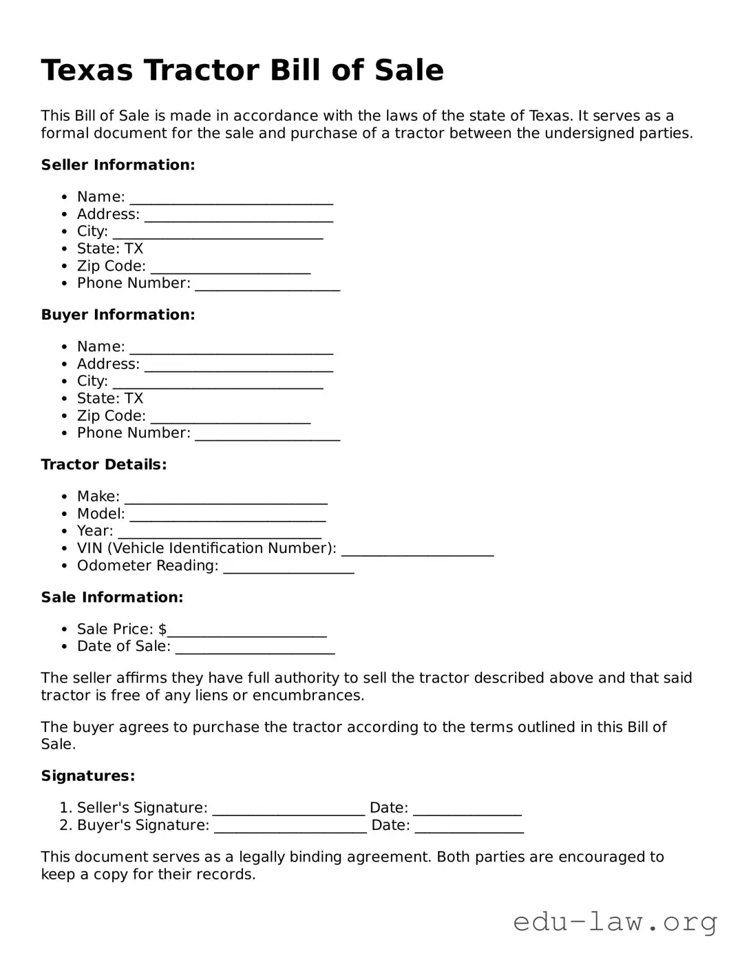 Legal  Tractor Bill of Sale Template for Texas