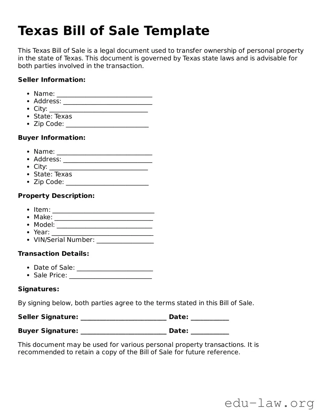 Legal  Bill of Sale Template for Texas