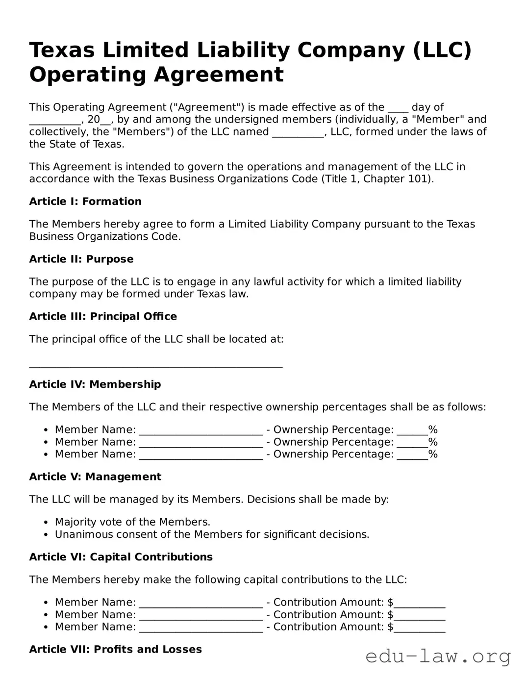 Legal  Operating Agreement Template for Texas
