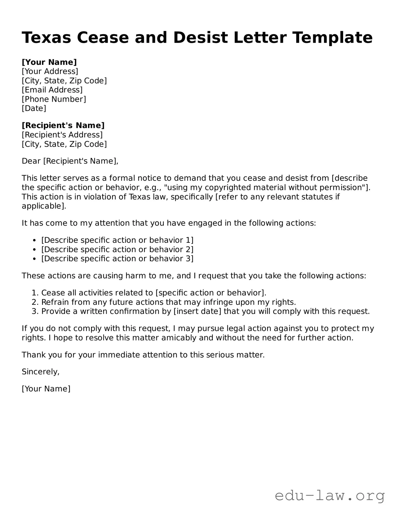 Legal  Cease and Desist Letter Template for Texas