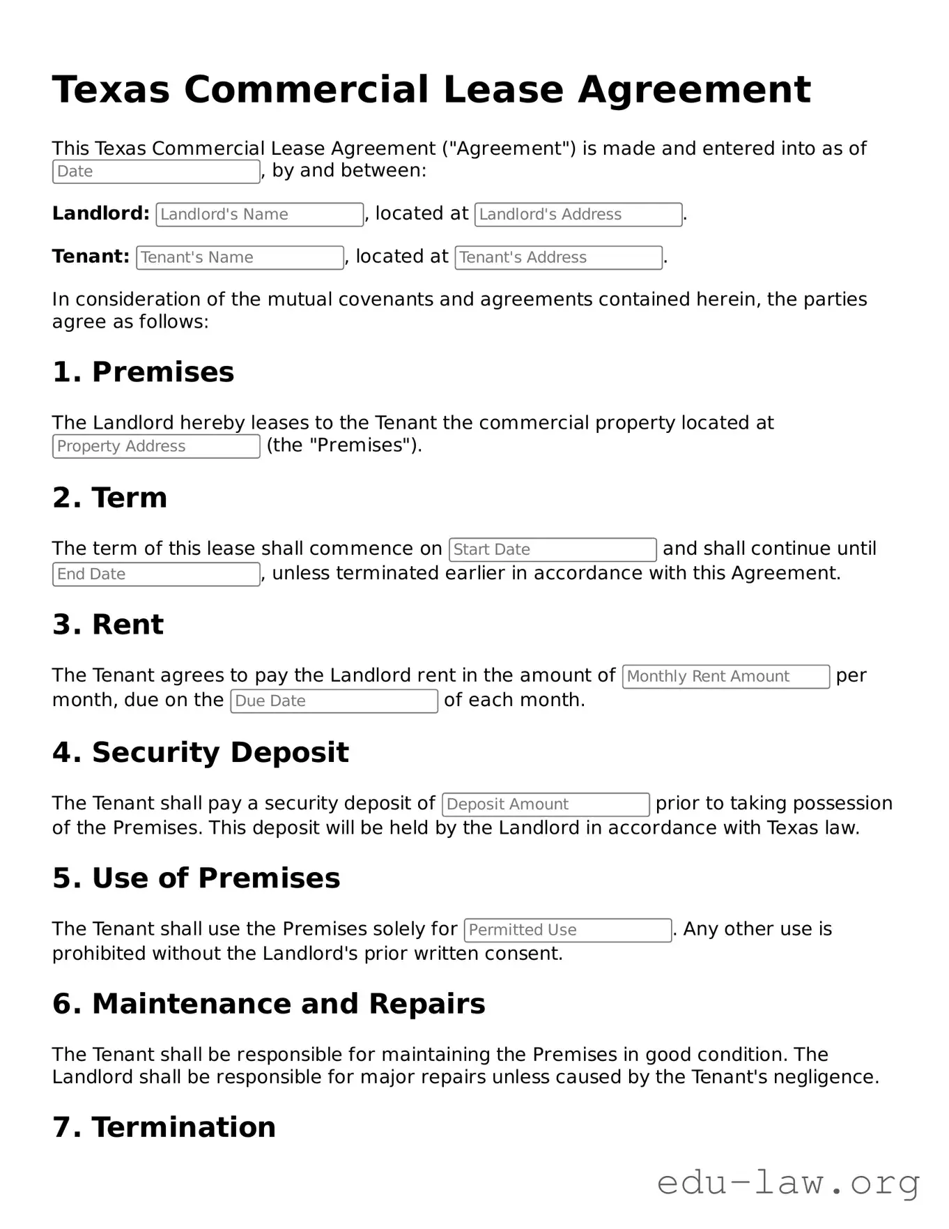 Legal  Commercial Lease Agreement Template for Texas
