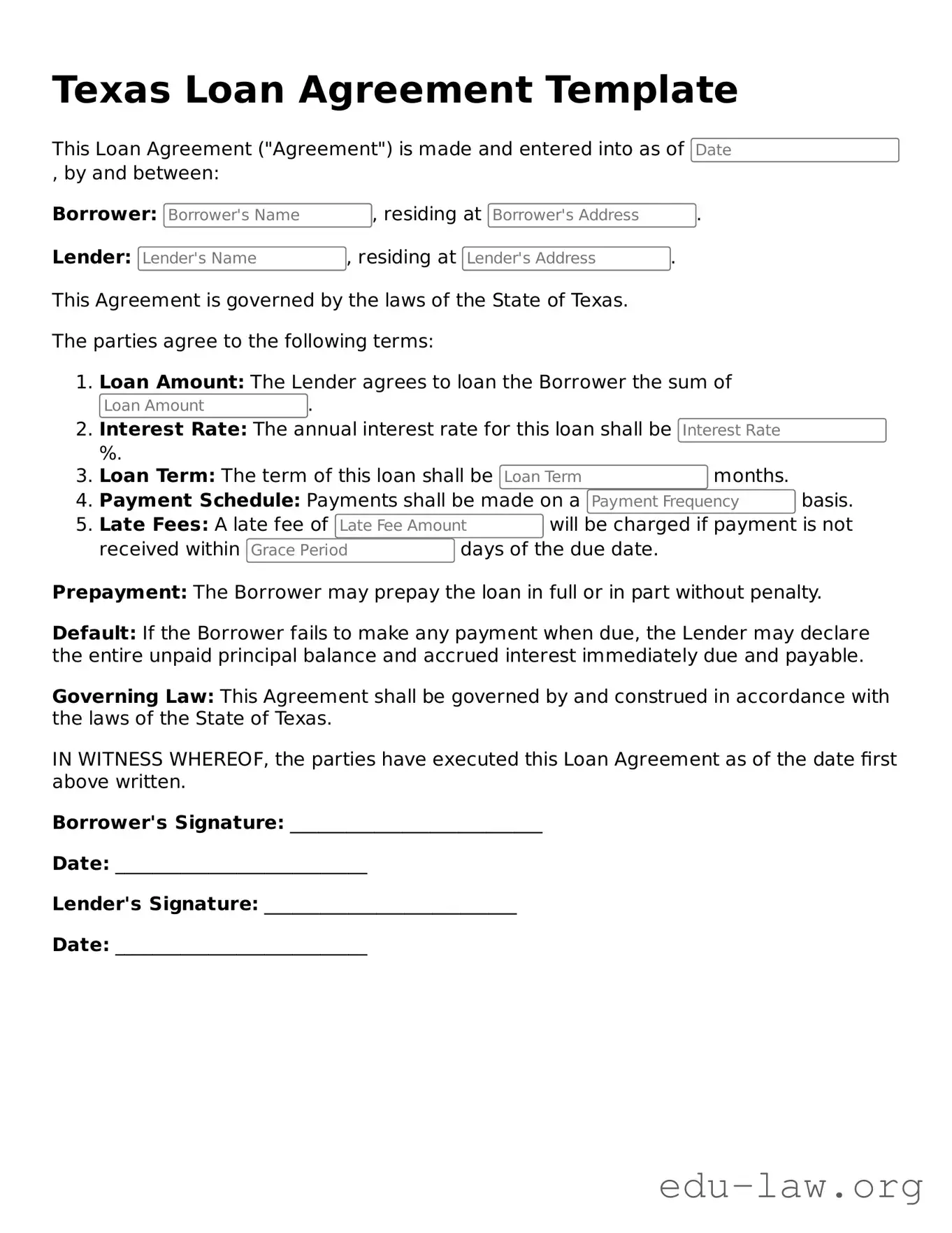 Legal  Loan Agreement Template for Texas