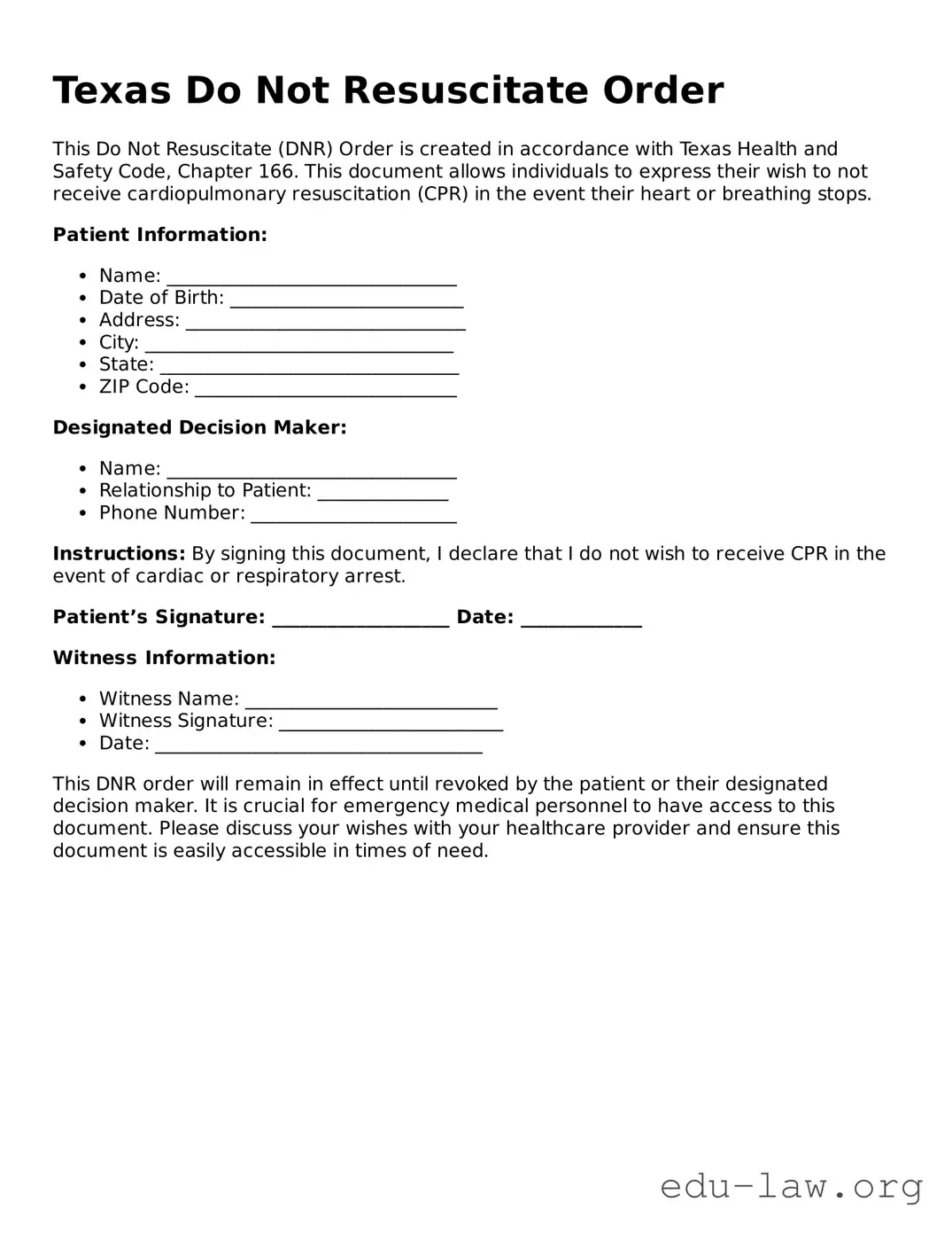 Legal  Do Not Resuscitate Order Template for Texas