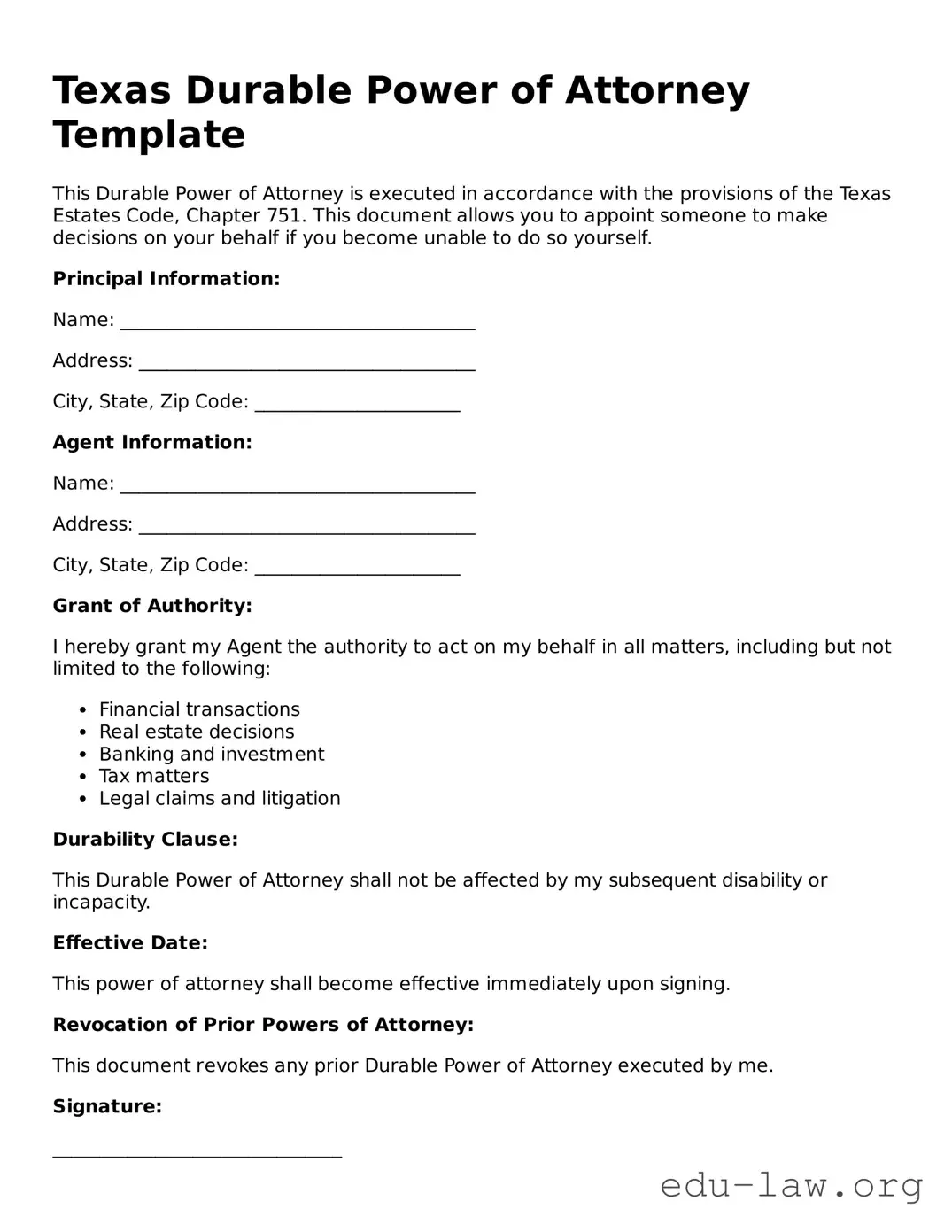 Legal  Durable Power of Attorney Template for Texas