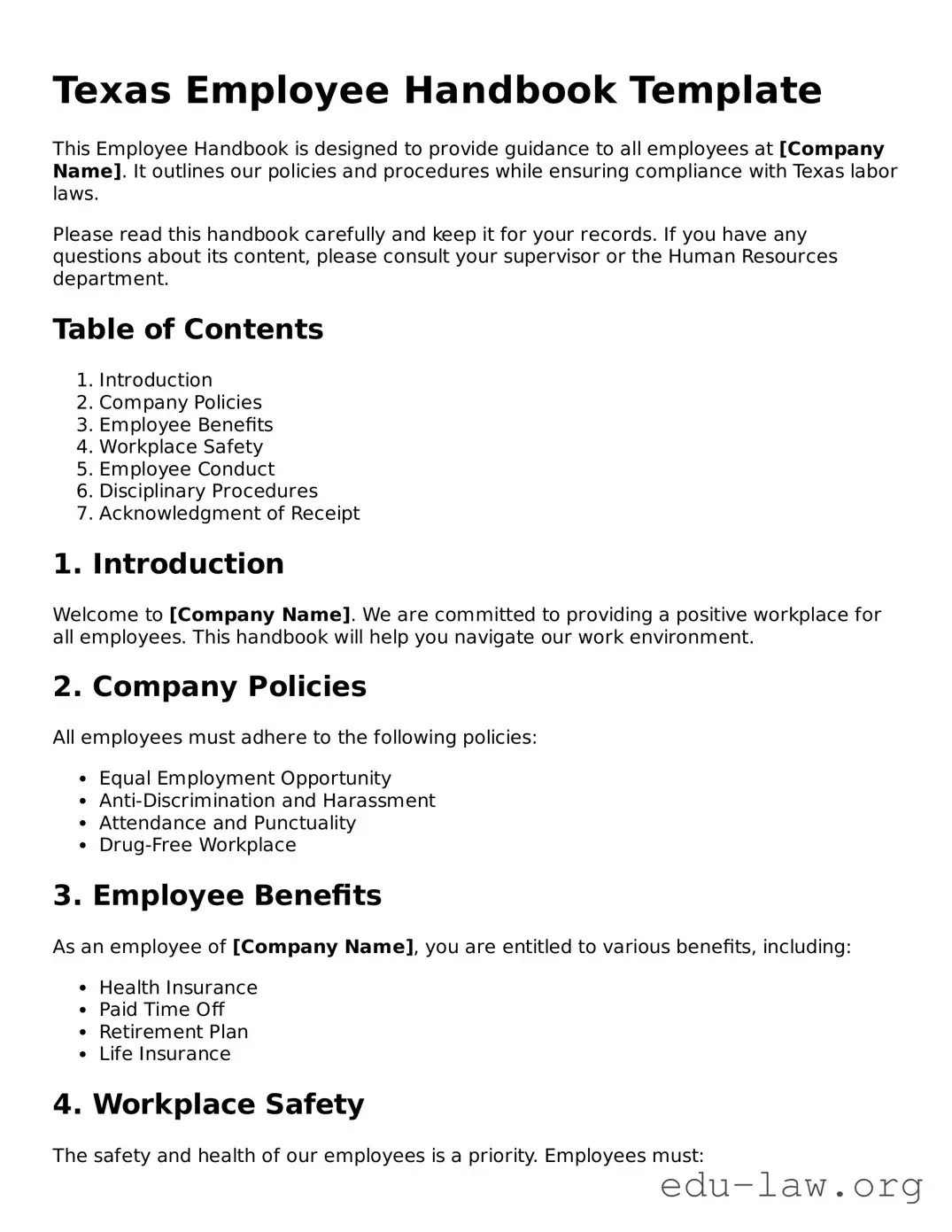 Legal  Employee Handbook Template for Texas