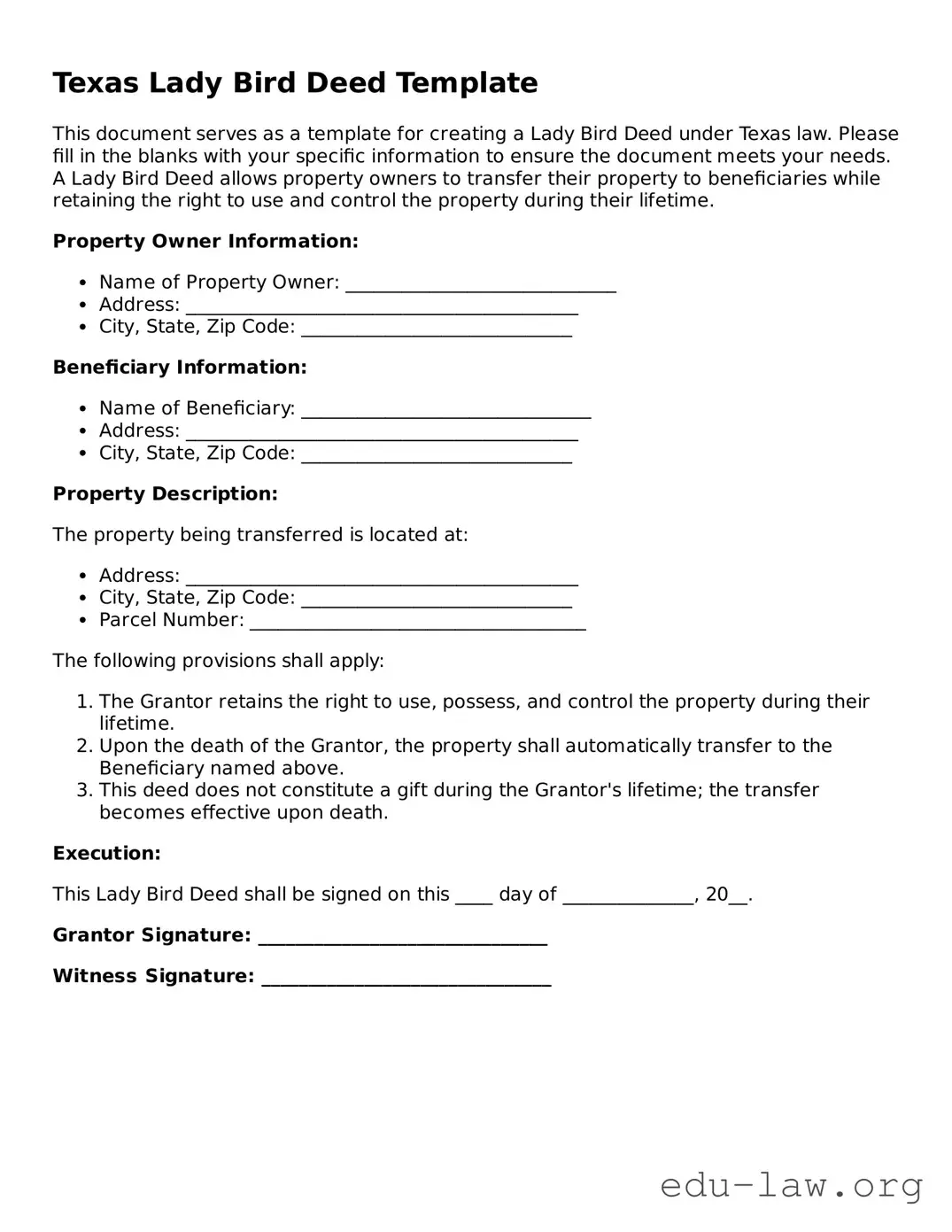 Legal  Lady Bird Deed Template for Texas