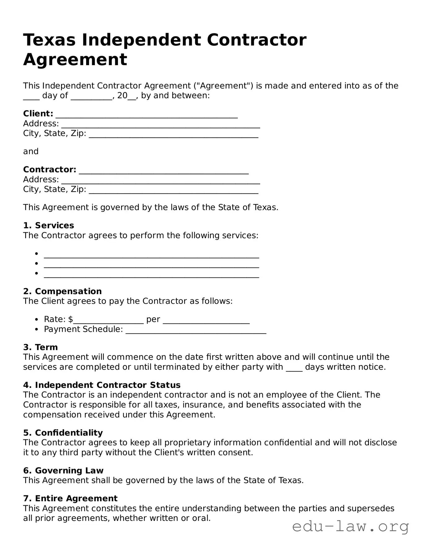 Legal  Independent Contractor Agreement Template for Texas