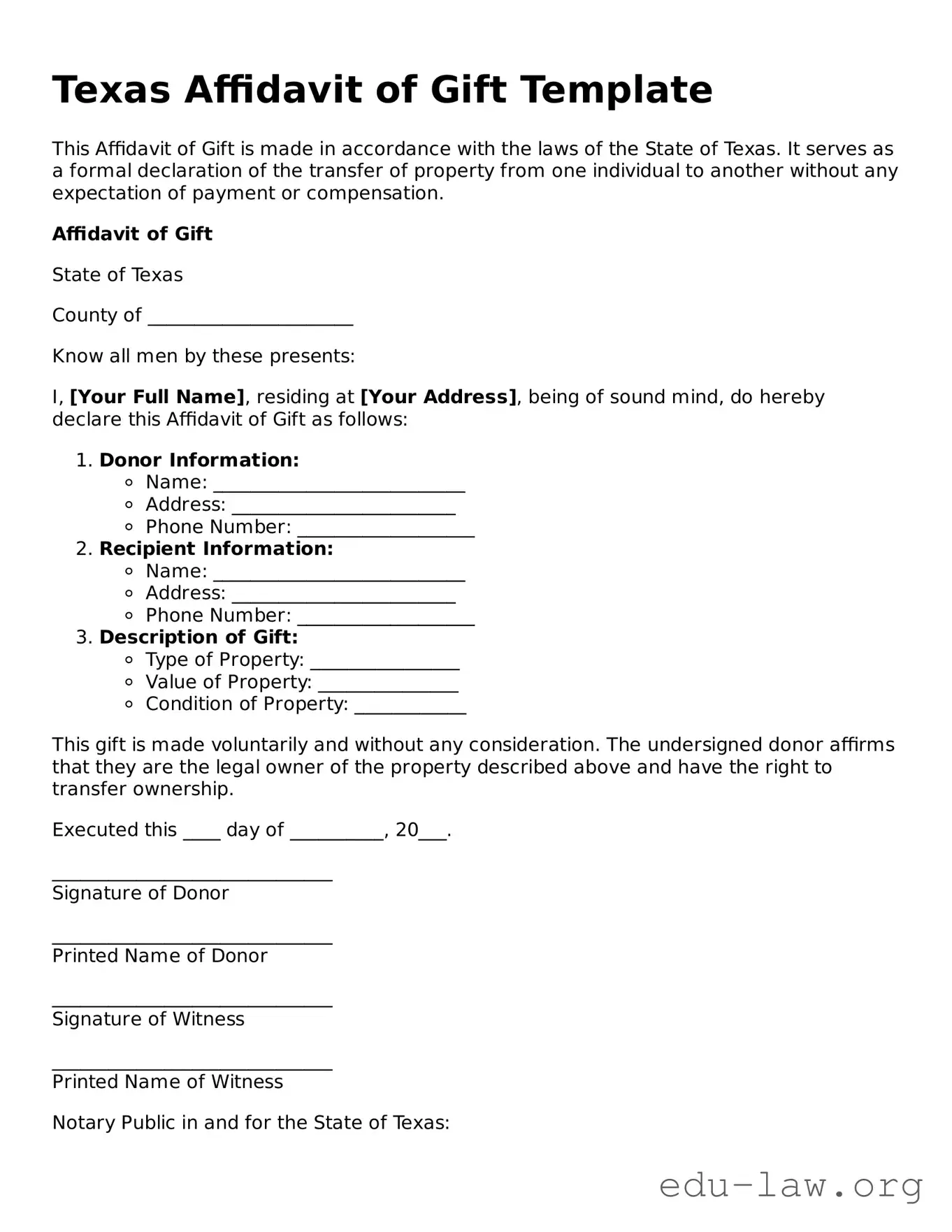 Legal  Affidavit of Gift Template for Texas