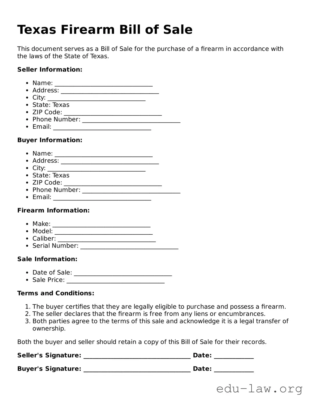 Legal  Firearm Bill of Sale Template for Texas