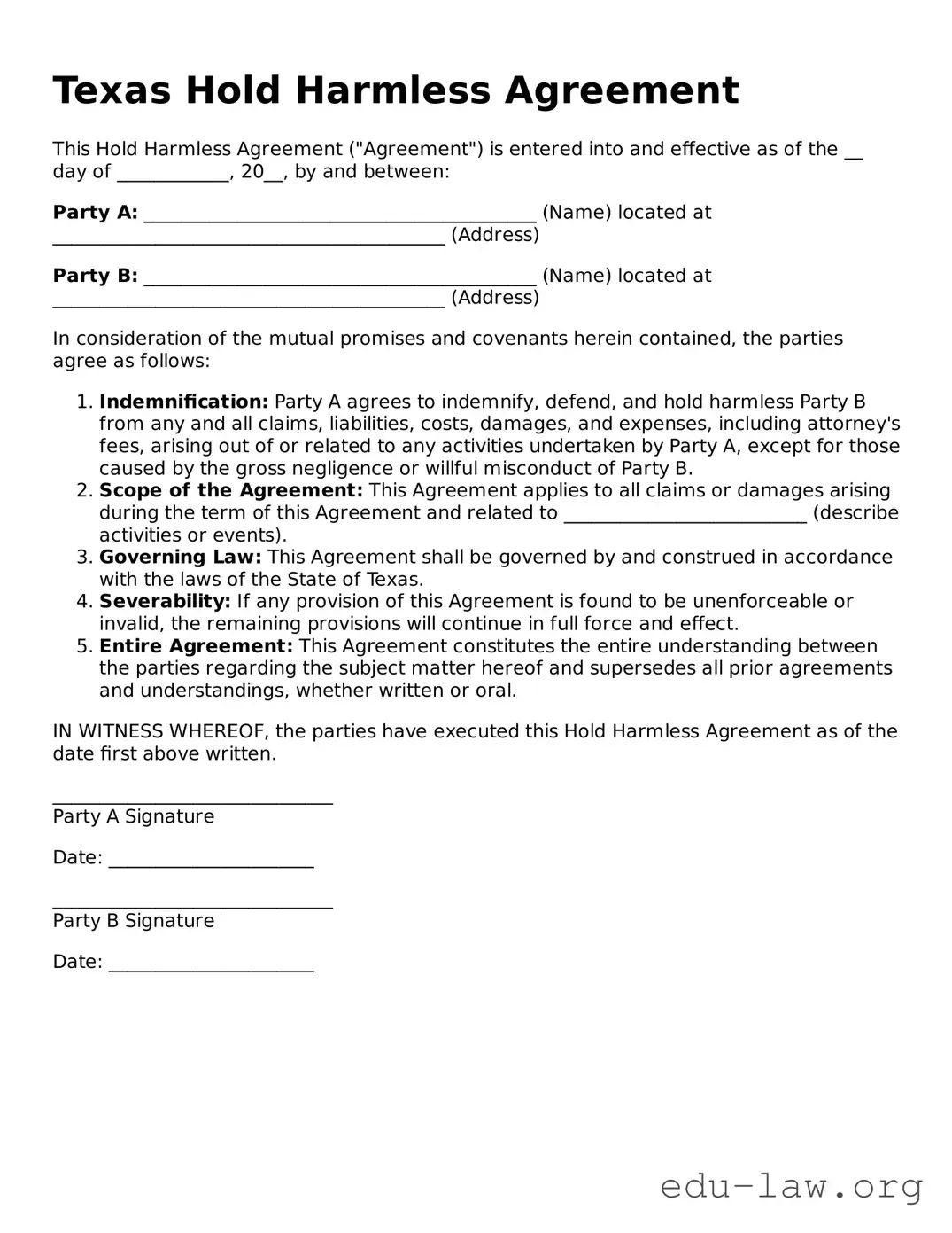 Legal  Hold Harmless Agreement Template for Texas
