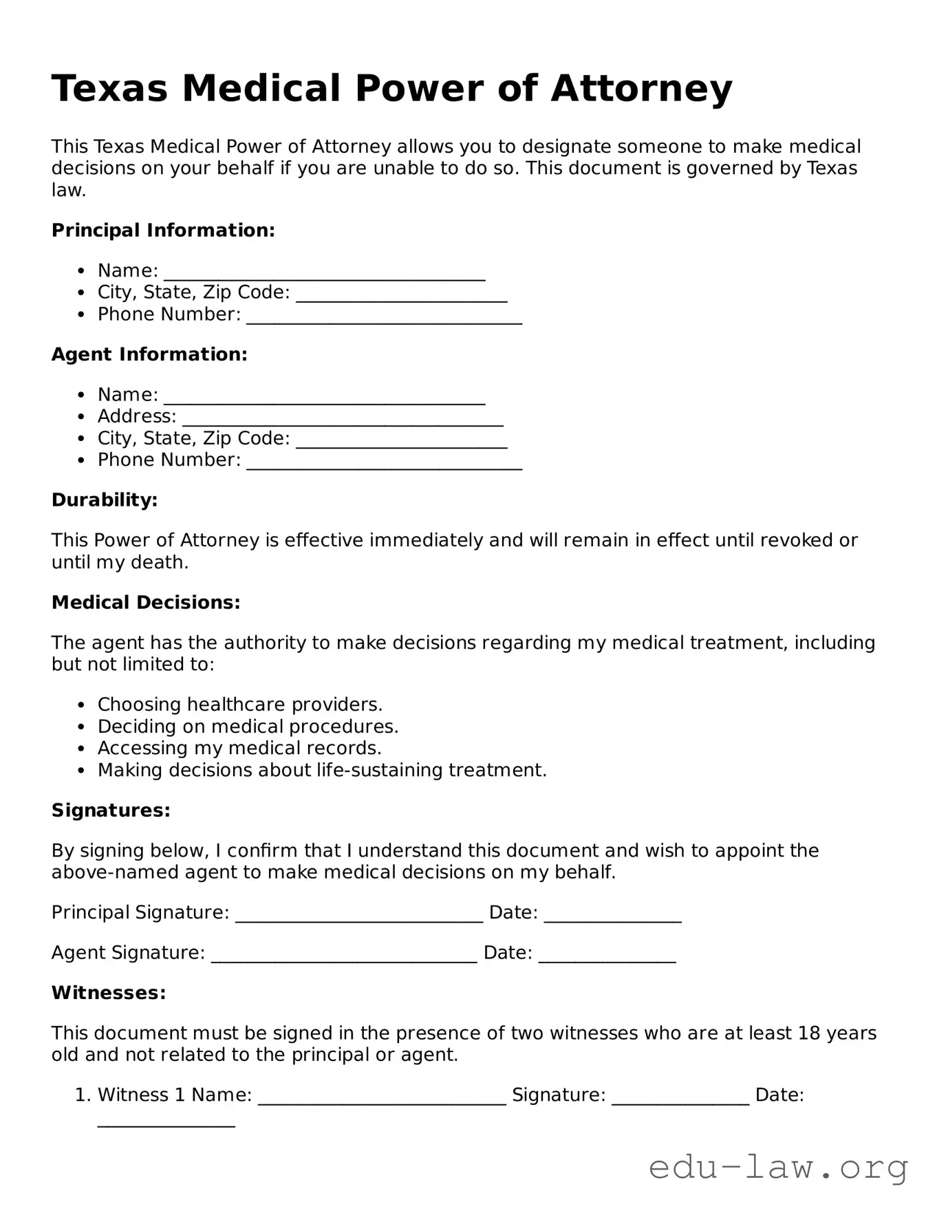 Legal  Medical Power of Attorney Template for Texas