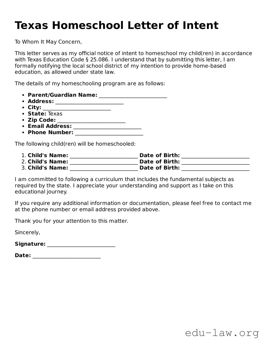 Legal  Homeschool Letter of Intent Template for Texas