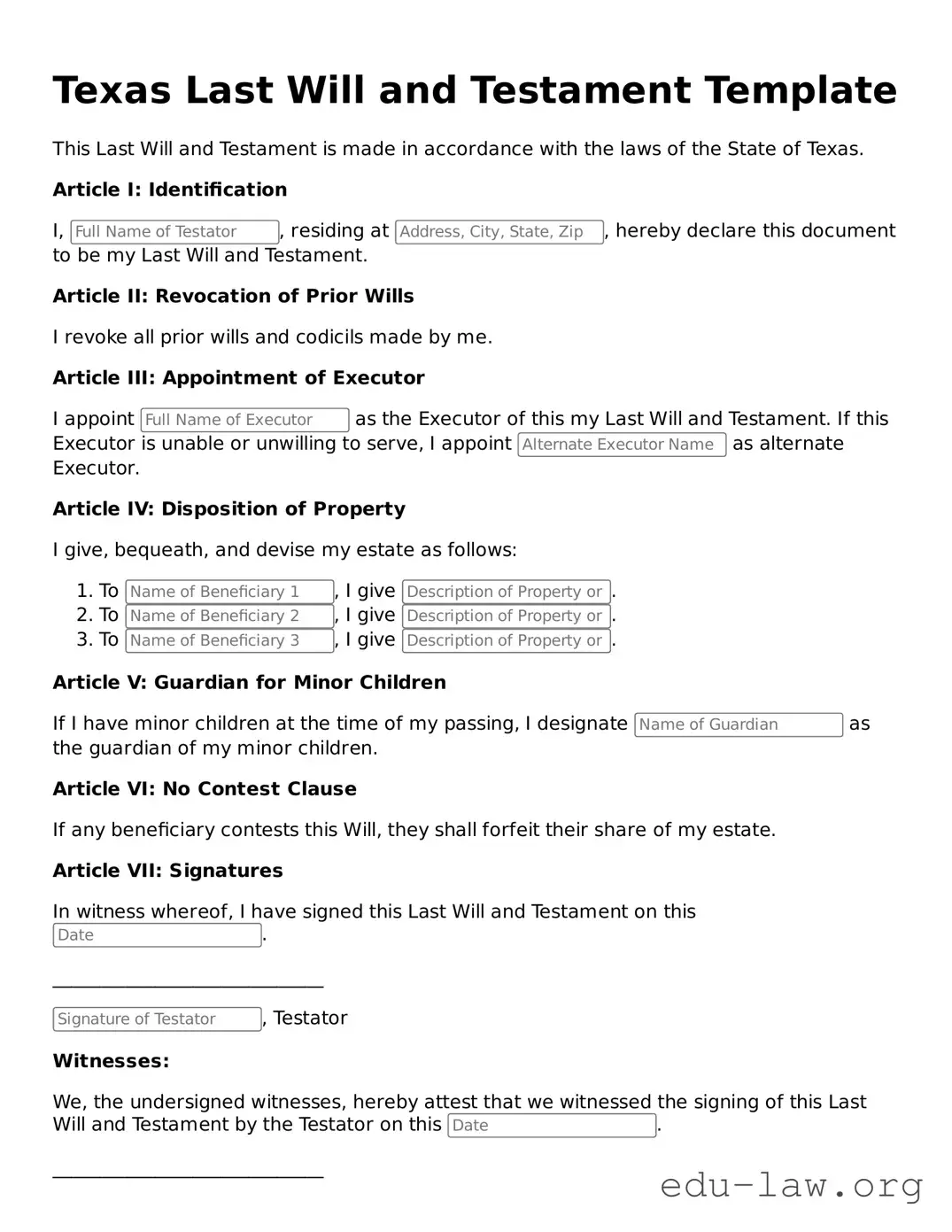 Legal  Last Will and Testament Template for Texas