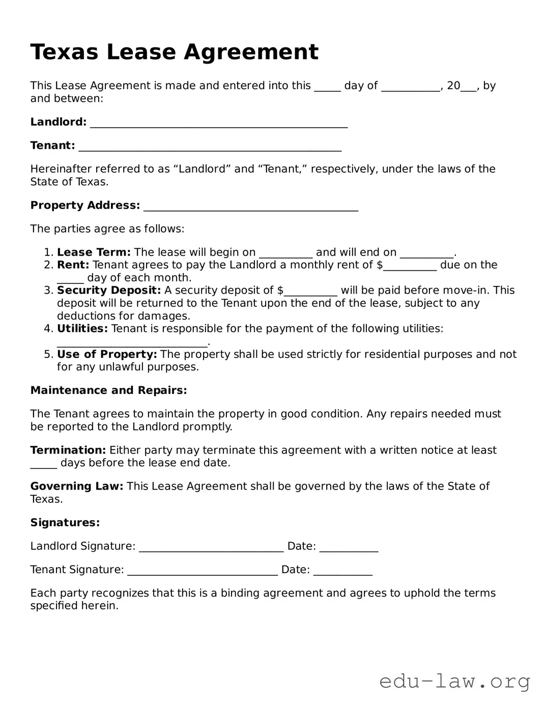 Legal  Lease Agreement Template for Texas