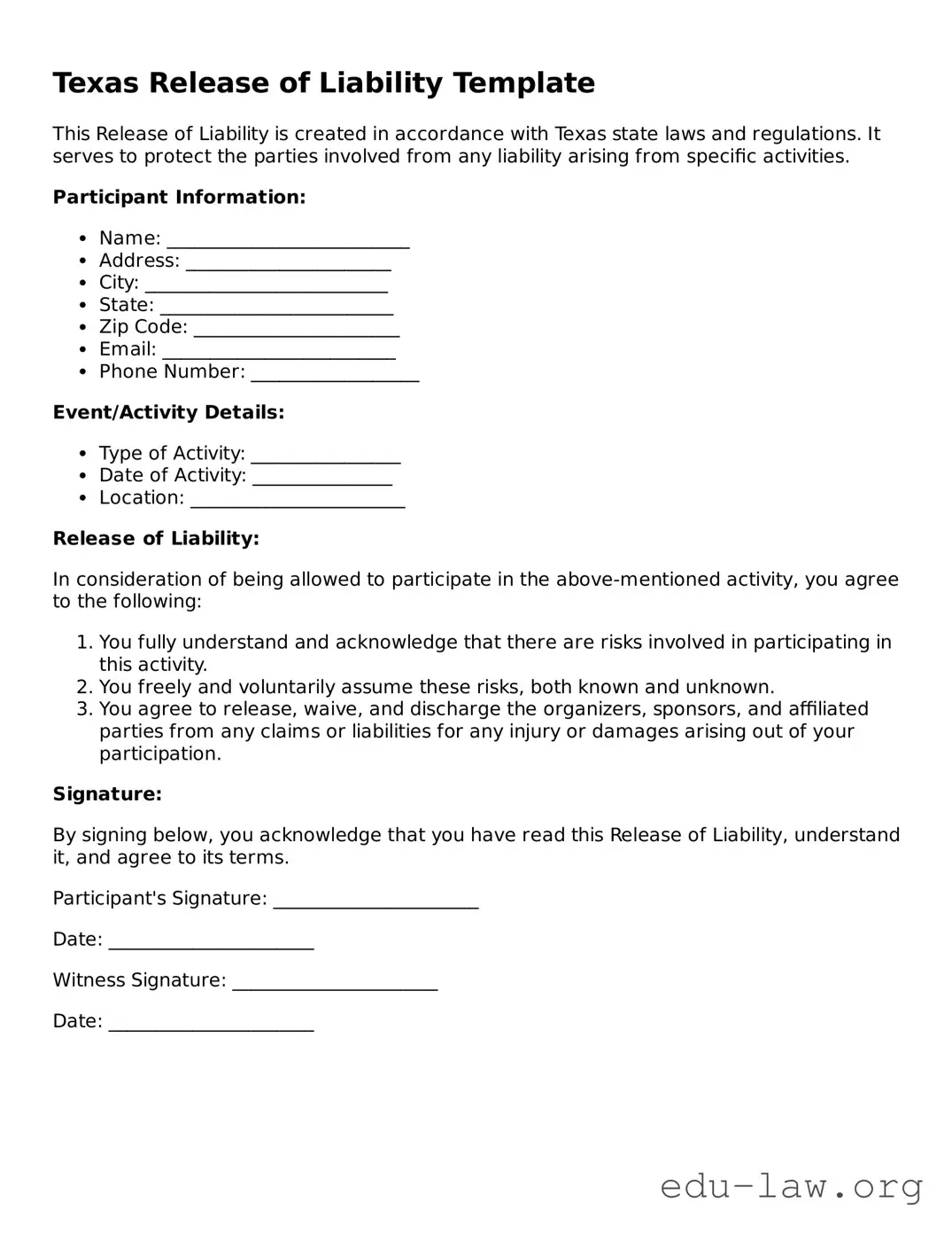 Legal  Release of Liability Template for Texas