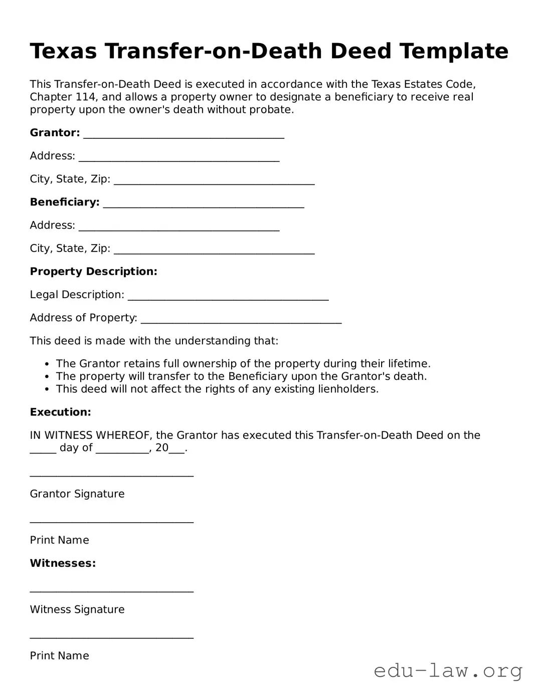 Legal  Transfer-on-Death Deed Template for Texas