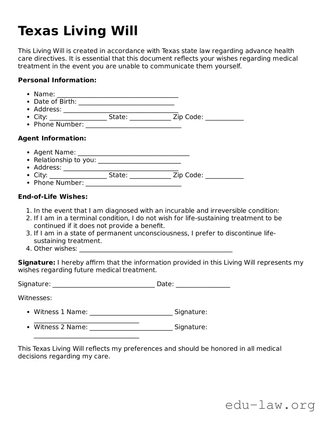 Legal  Living Will Template for Texas