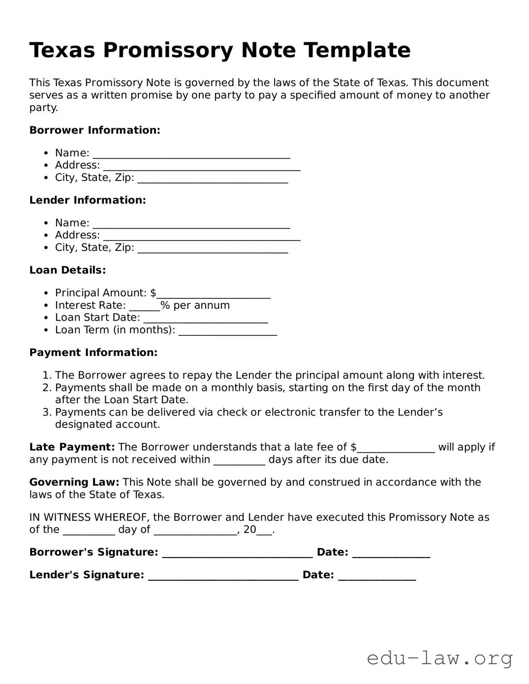 Legal  Promissory Note Template for Texas