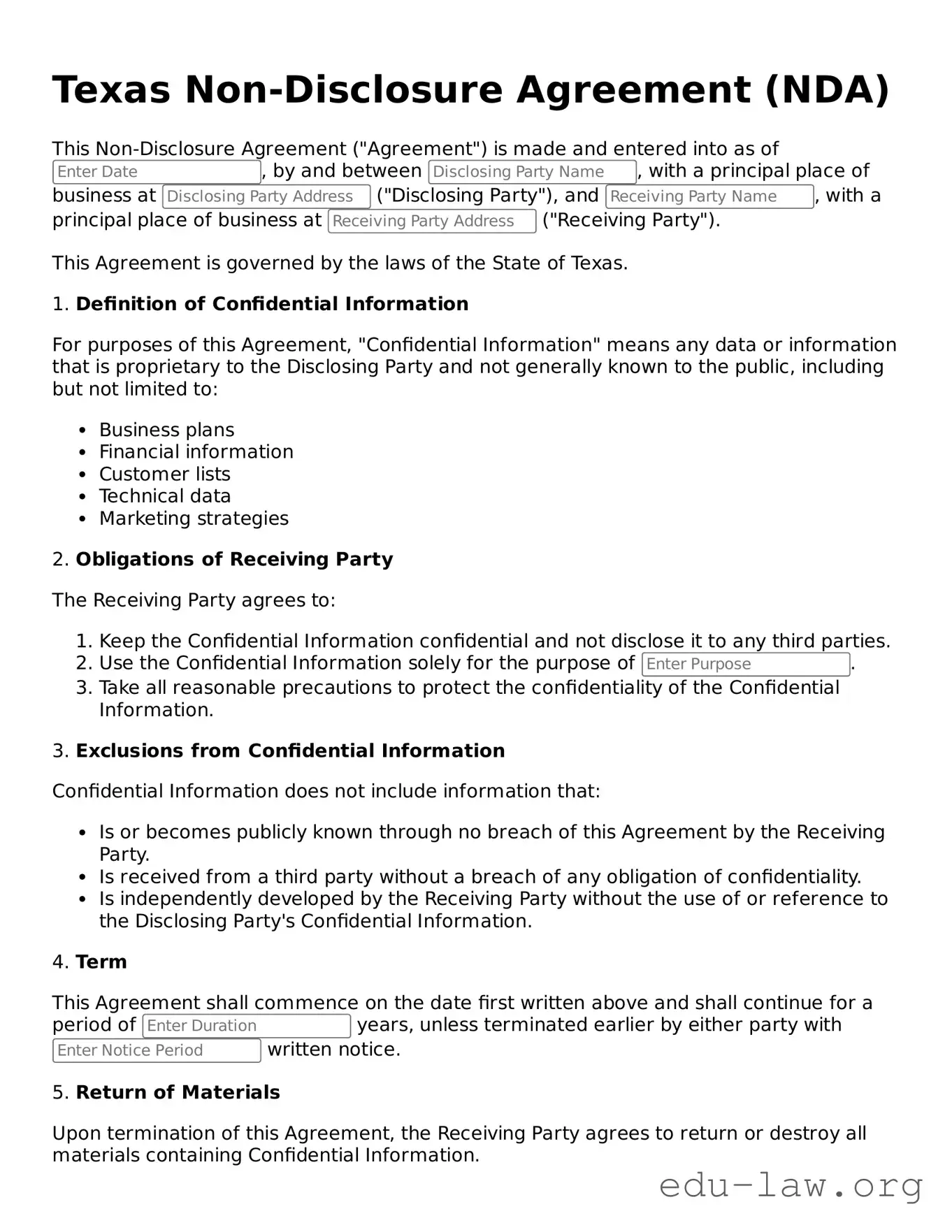 Legal  Non-disclosure Agreement Template for Texas