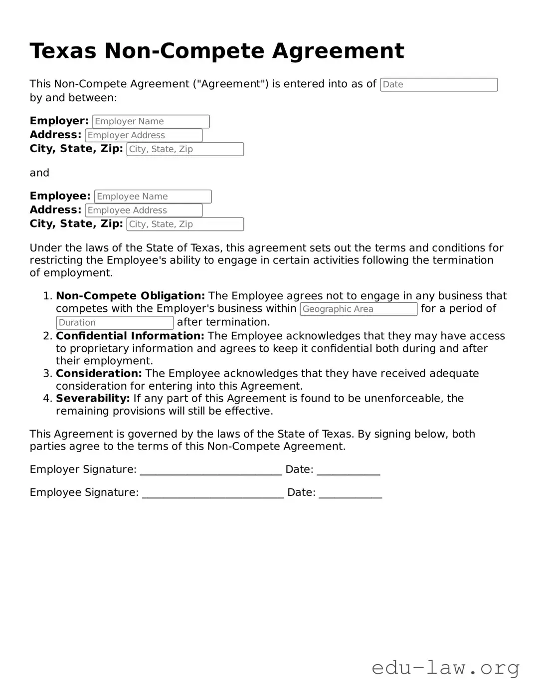 Legal  Non-compete Agreement Template for Texas